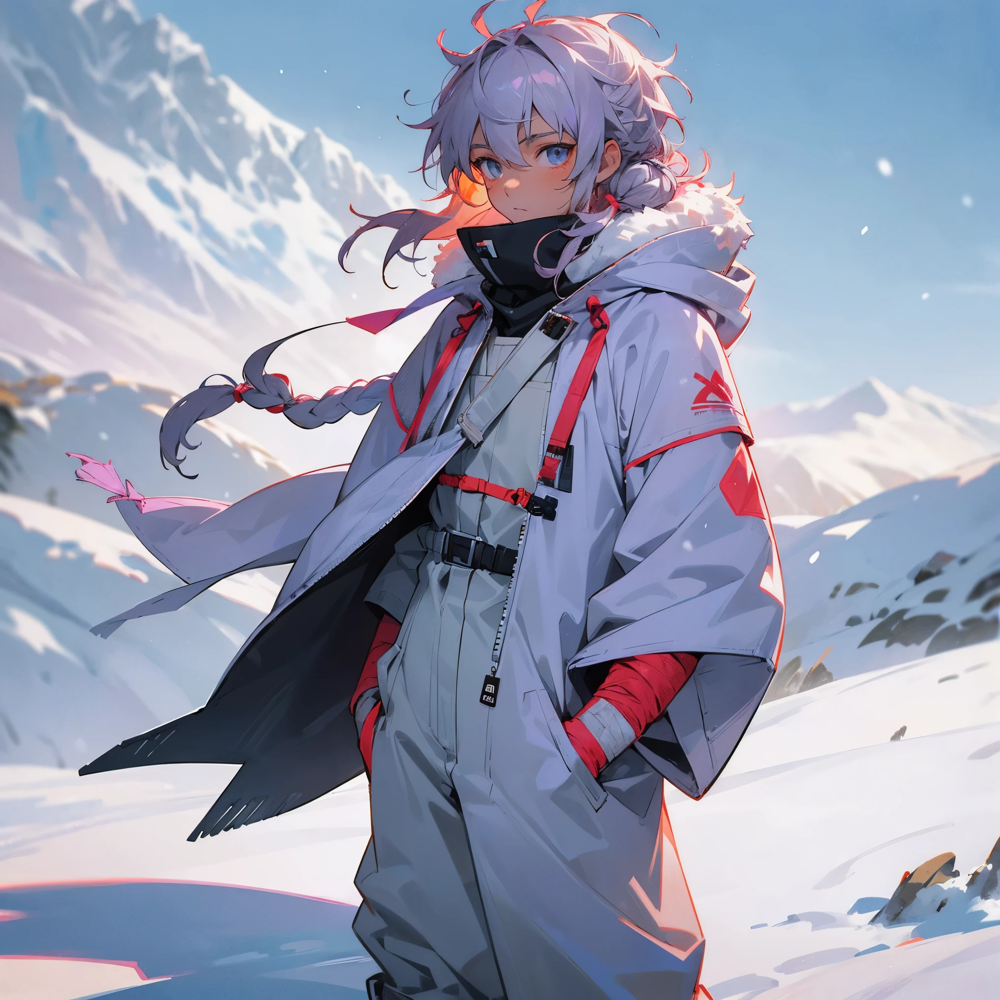 1male, young teen, tan skin, finely detailed coral eyes, medium messy hair with braided man bun, pale lavender hair color, snow suit, poncho, snowboard googles, bandages wrapped around arms, bandolier across chest, standing with hands in pocket, standing on snowy mountain trail, snowing