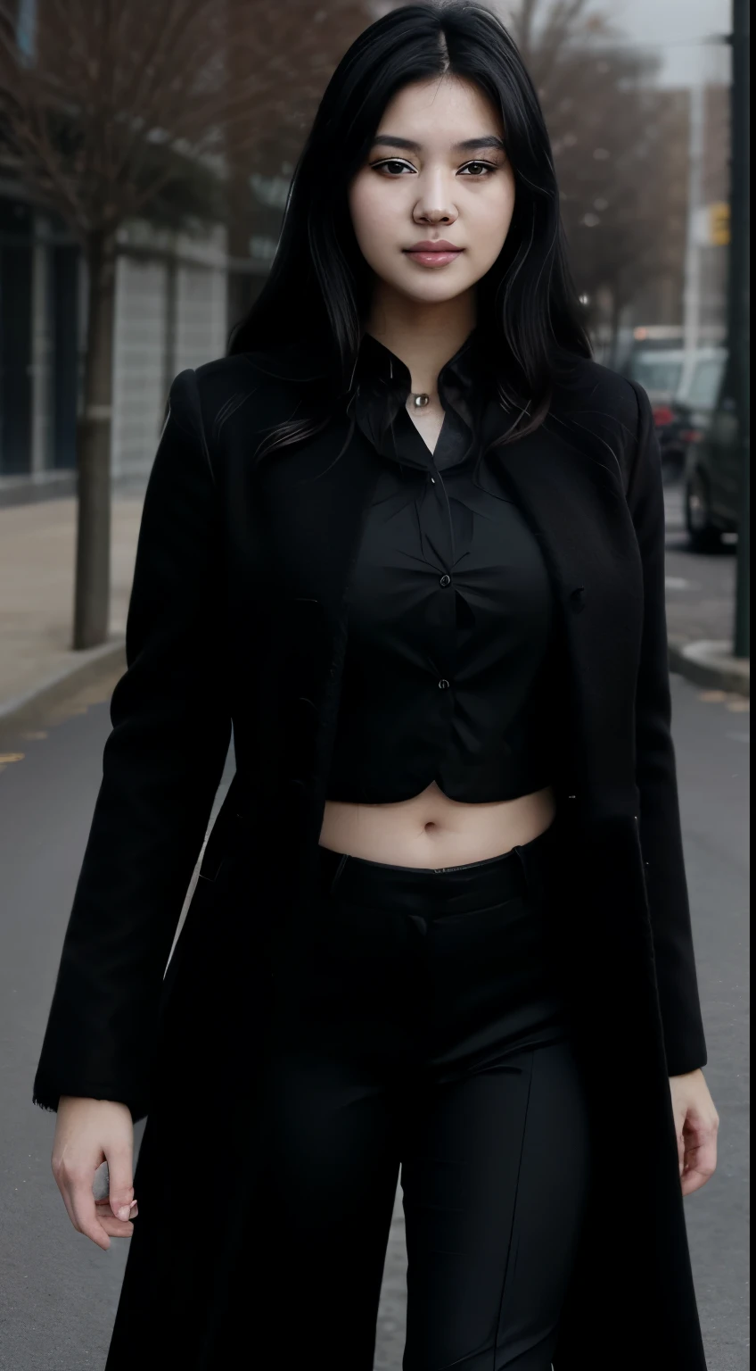 ((Realistic lighting, Best quality, 8K, Masterpiece: 1.3)), Clear focus: 1.2, 1girl, Asian girl, Perfect Figure: 1.4, Slim Abs: 1.2, ((Long black hair)), (black coat and black pants : 1.4), Perfect Eye, Perfect Hand, Perfect Finger, (medium round perky breasts, exposed long cleavage), ((adorable:1.2)), ((masterpiece:1.1)), ((bokeh:1.2)), (office: 1.1), Super fine face, Fine eyes, Double eyelids, full body portrait.