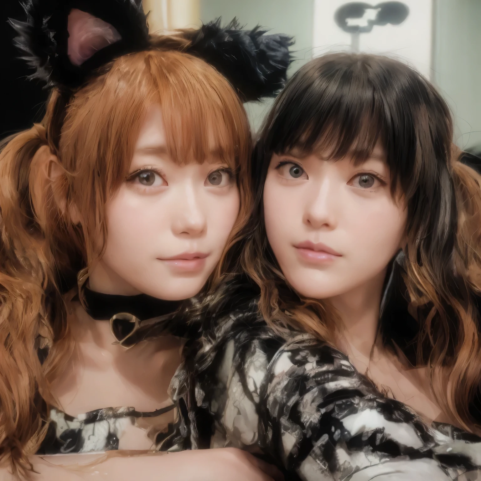 Two young women dressed in black posing for a photo, Ami Kojima and Ryder Caldwell, kemonomimi, Japanese maid cafe, double tail, nixeu and Samu rice paste, Nara Yoshitomo Takano, DLC, Two beautiful anime girls, double tail hairstyle, cat ears and cat tail!, Samu rice paste, beauty buried