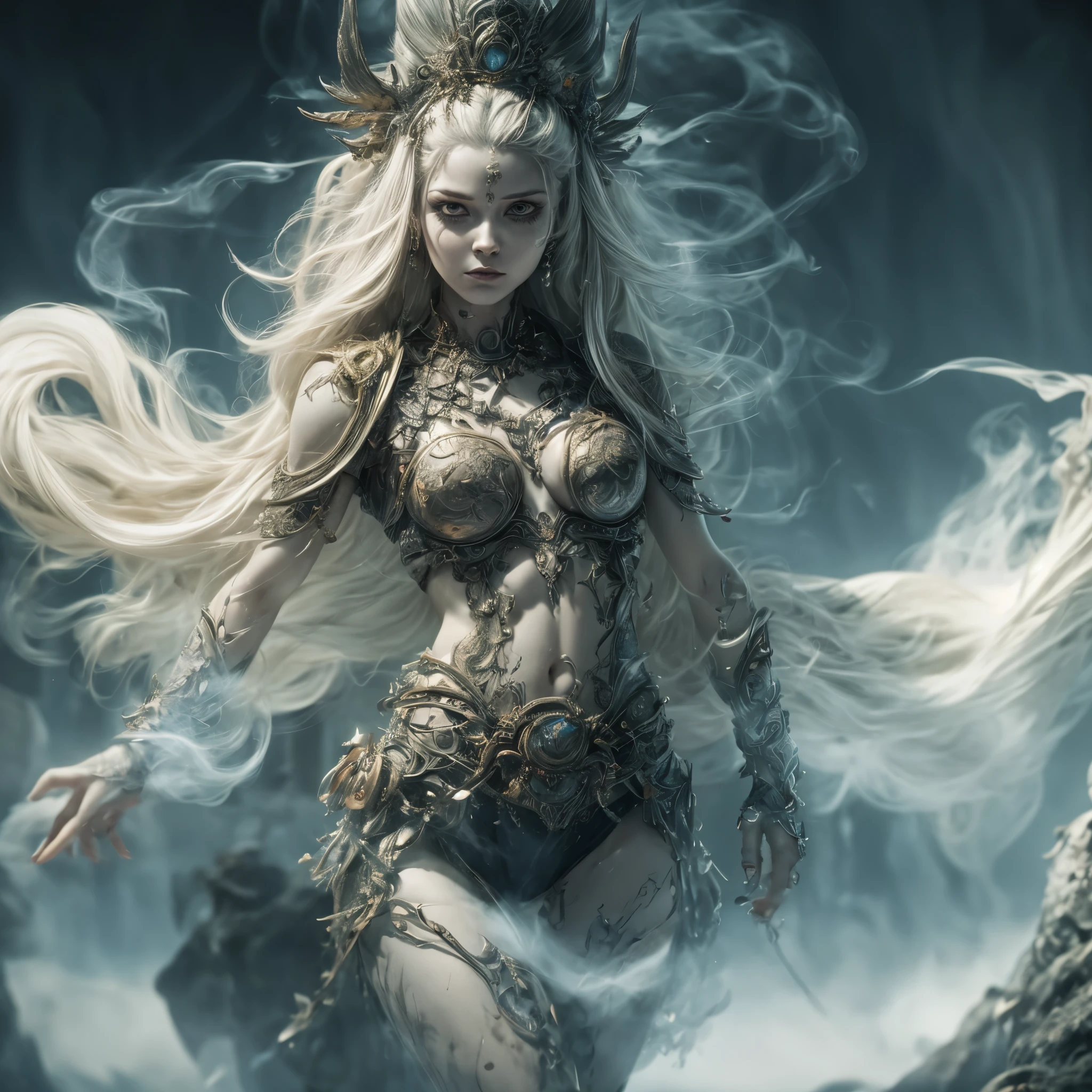 (best quality,4k,8k,highres,masterpiece:1.2),ultra-detailed, Finnish Goddess Kalma, Alexa, zombie woman, legs made of smoke, legs surrounded by smoke, floating on smoke. in a cemetery surrounded by graves, watching over the sheep, drawn in the style of Yoshitaka Amano, HDR, 8k, absurdres, cinestill 800, sharp focus, add_detail:2 (1woman, solo)