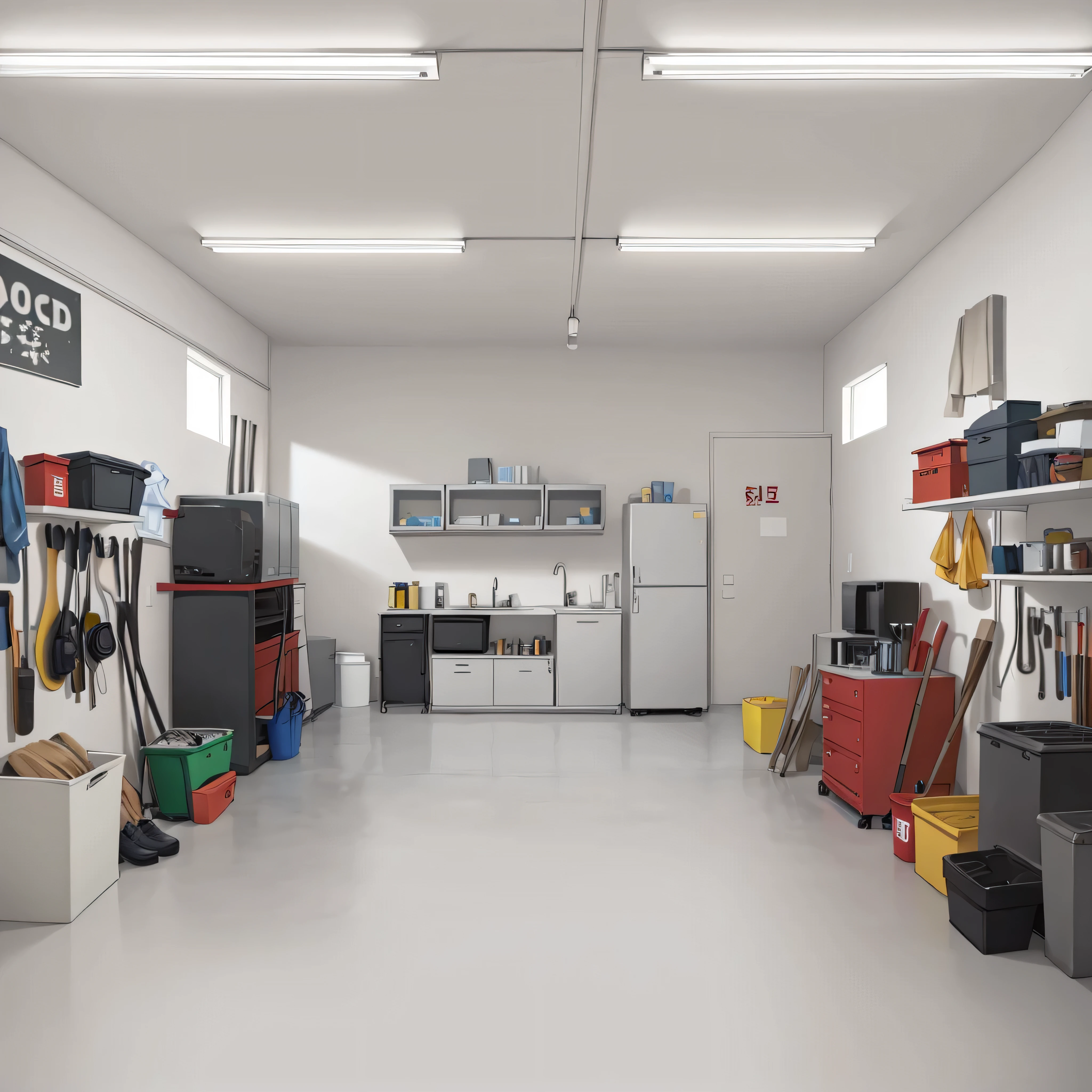 a view of a garage with a lot of tools and supplies, car garage, garage, white wall coloured workshop, inside of a tokyo garage, Interior background, Very detailed interior, interior of a small room, Interior background art, formula 1 garage, in stock, garage kit, indoor scene, Getty Images, High-end interior, Highly photographic rendering, Inside the shack