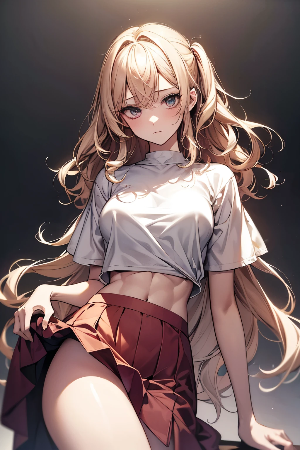 best quality, 32k, RAW photo, incredibly absurdres, extremely detailed, delicate texture, beautiful woman, wearing loose cropped t-shirt, flared skirt, skirt lift, two side up messy wavy hair, amorous and lewd expression, abs, superlative body proportion, background pastel color, fractal art, art design