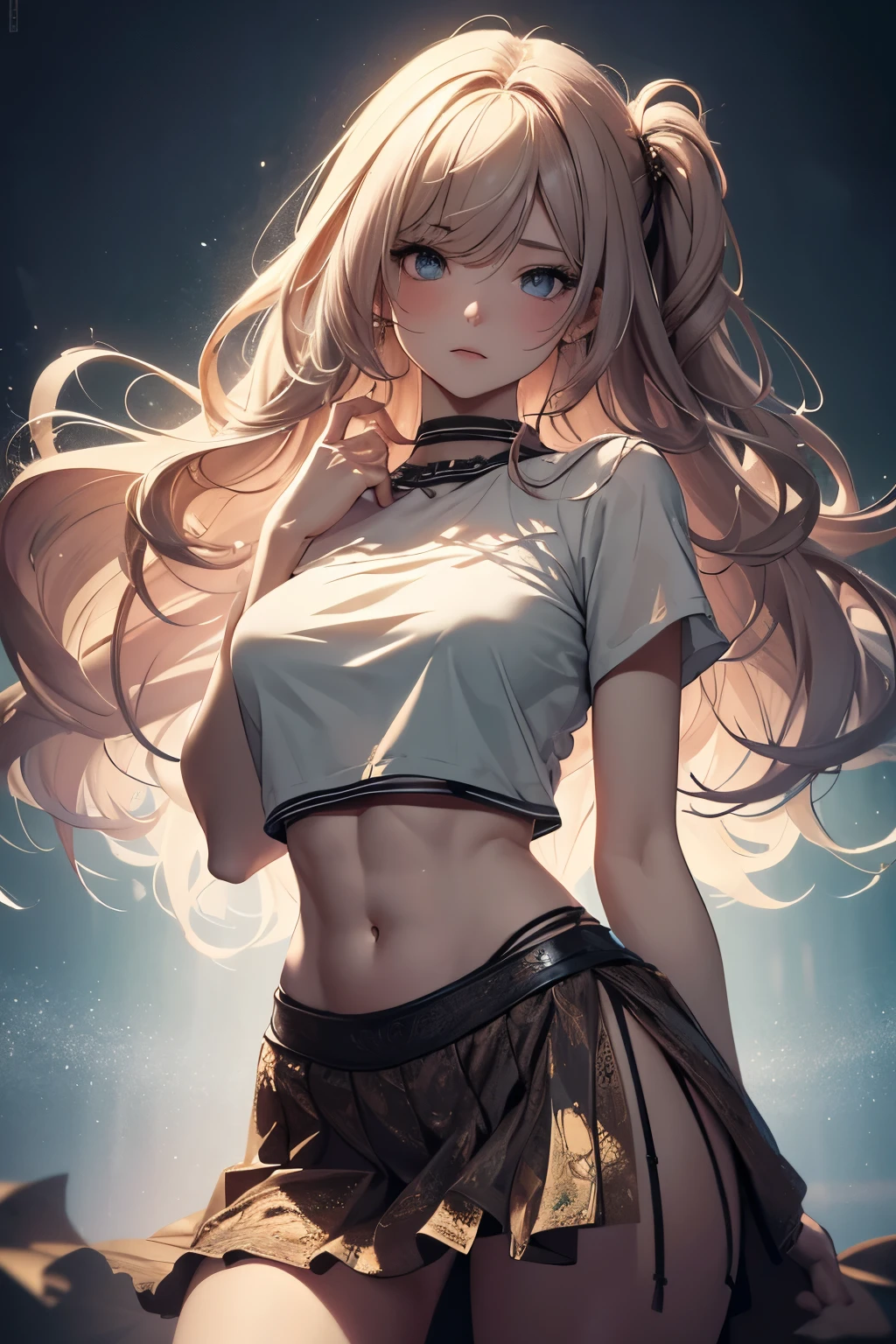 best quality, 32k, RAW photo, incredibly absurdres, extremely detailed, delicate texture, beautiful woman, wearing loose cropped t-shirt, flared skirt, skirt lift, two side up messy wavy hair, amorous and lewd expression, abs, superlative body proportion, background pastel color, fractal art, art design