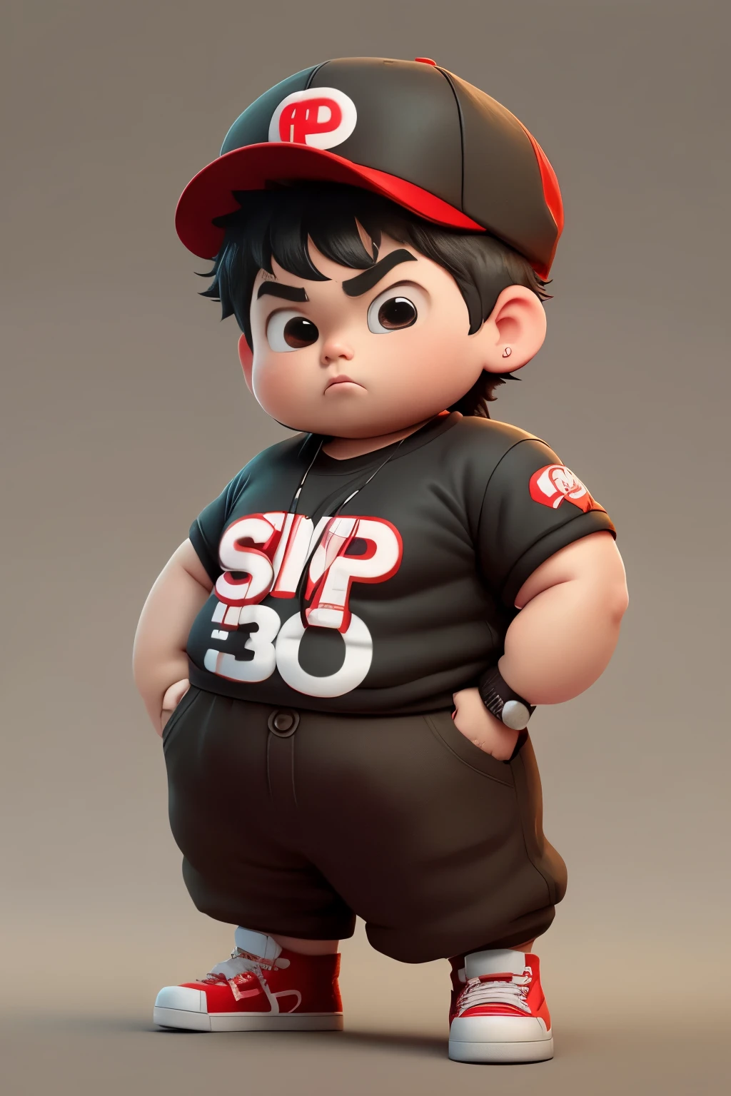 Fat hip hop male dancer Super Mexican style 30 years, Nice Chibi, Very chic., perfect finger, clothing color: red, black and white, street fashion hats, writing shirt "hip hop", Do hip hop poses using your arms., Clothes without prints, simple background,........3D, 8k,