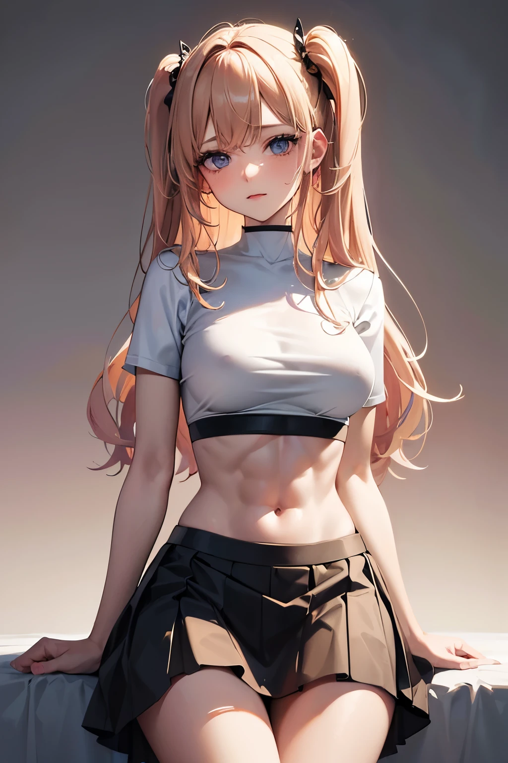 best quality, 32k, RAW photo, incredibly absurdres, extremely detailed, delicate texture, beautiful woman, wearing loose cropped t-shirt, flared skirt, skirt lift, two side up messy wavy hair, amorous and lewd expression, abs, superlative body proportion, background pastel color, fractal art, art design