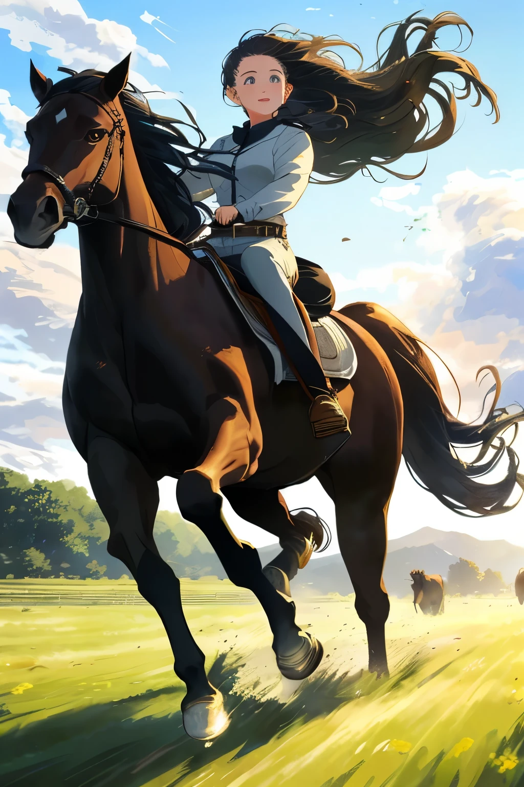 Masterpiece of wild horses galloping in groups, their manes flowing freely in the wind, exuding an aura of untamed freedom [(detailed grassland background: 1.2)], lush greenery, golden sunlight filtering through, fine details on each horse's muscular body, powerful legs, flowing manes [(warm tones:1.1)], passionate brushstrokes capturing the essence of the scene. [(dynamic composition: 1.5)], each horse's expressive eyes full of energy and spirit, blurred grassland and wind in the background adding motion and depth. [(lively atmosphere:1.3)], [(vibrant