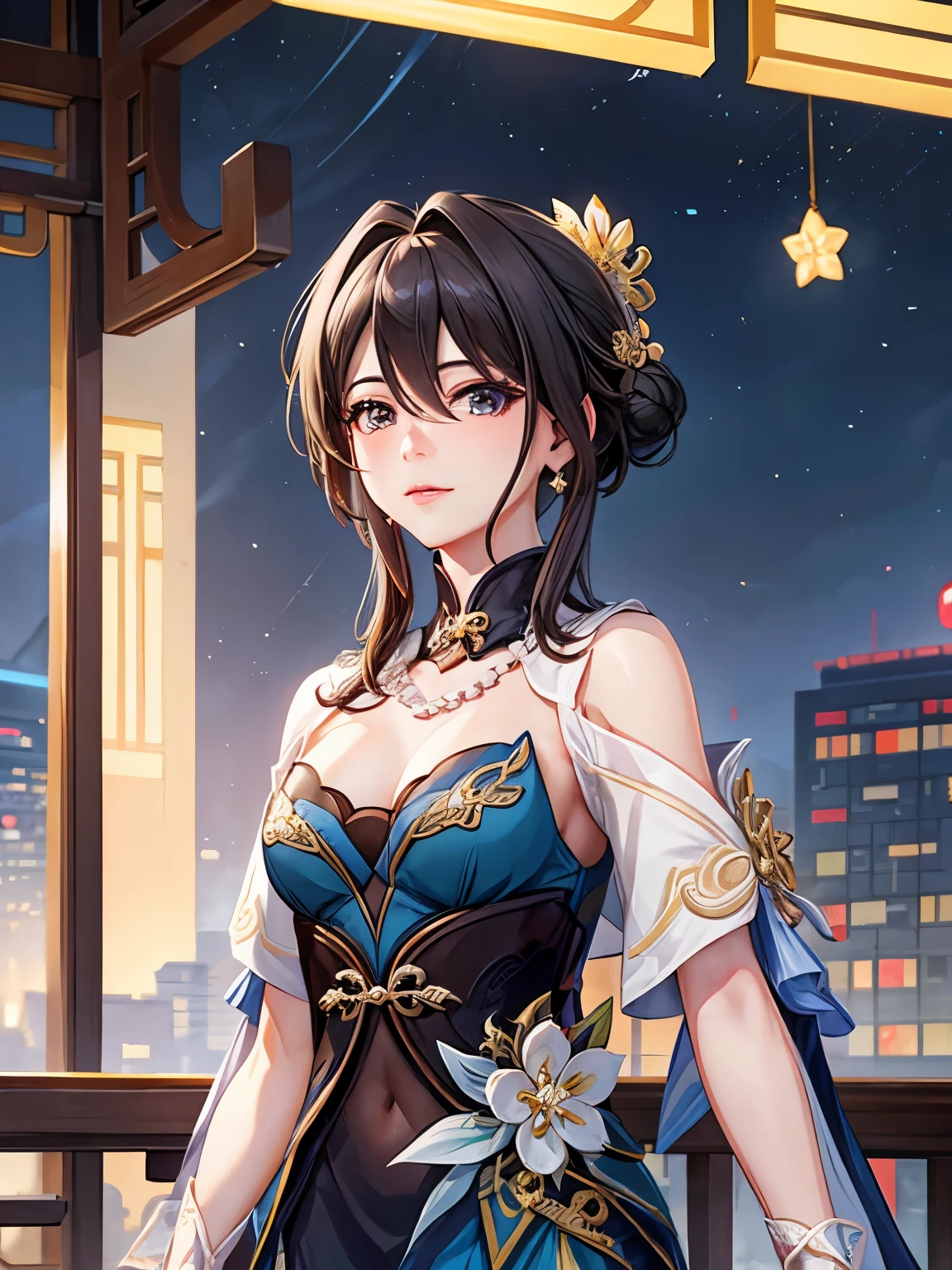 Ruan mei honkai star rail with sunny city background, ruan mei, honkai star rail, game, ruan mei, white skin, semi realistic