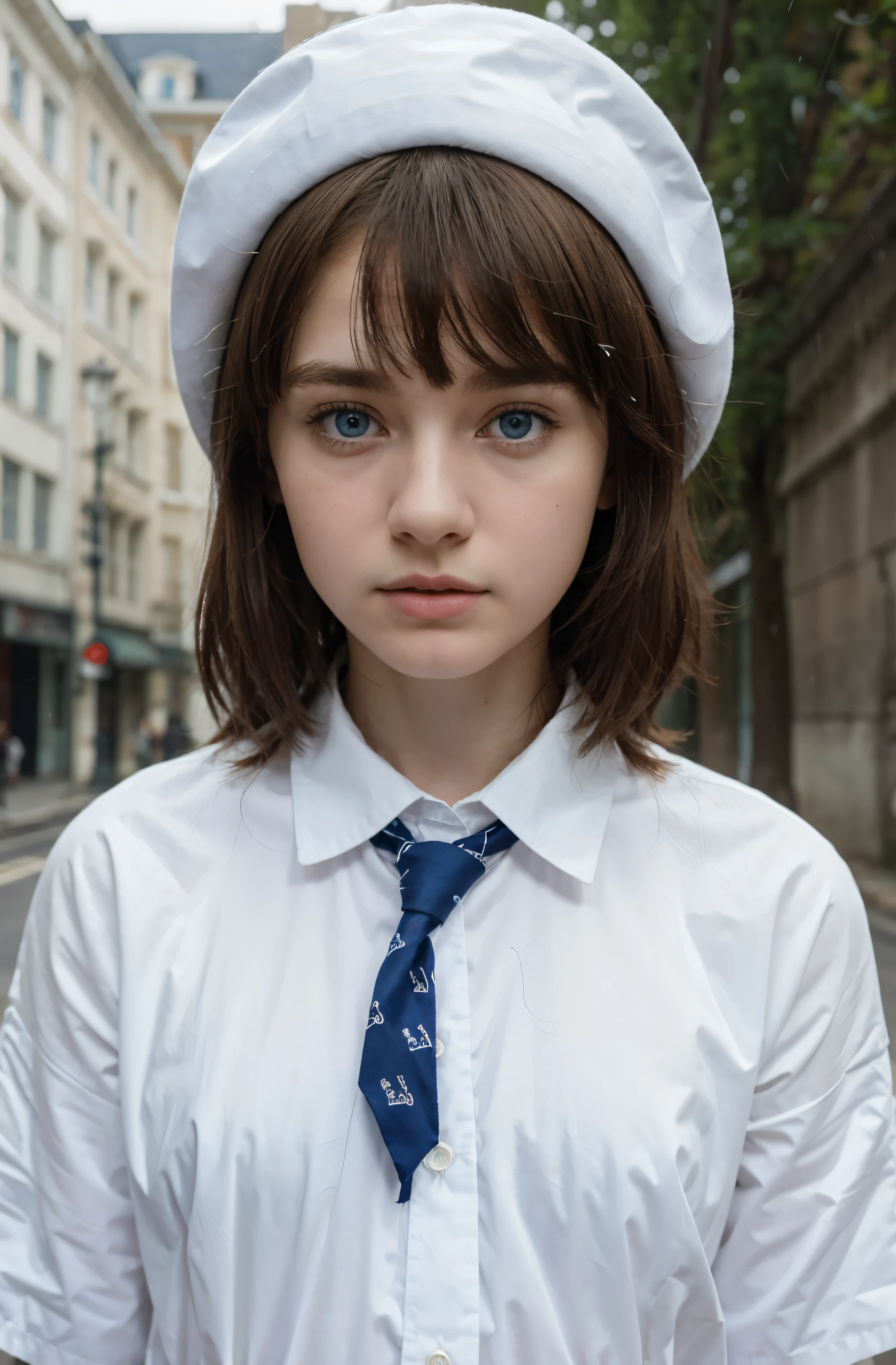 (Mejor calidad,hyper realistic,ultra detallado,8K), adolescente, Fifteen years old, shy, sad, palidez, grandes ojos azules, piel muy blanca, small nose, very short brown hair with bangs, melancholia, delicado, femenino, flaco, elegante uniforme escolar blanco, boina francesa, atar, arco triunfal, empty street, bright day, lluvia.