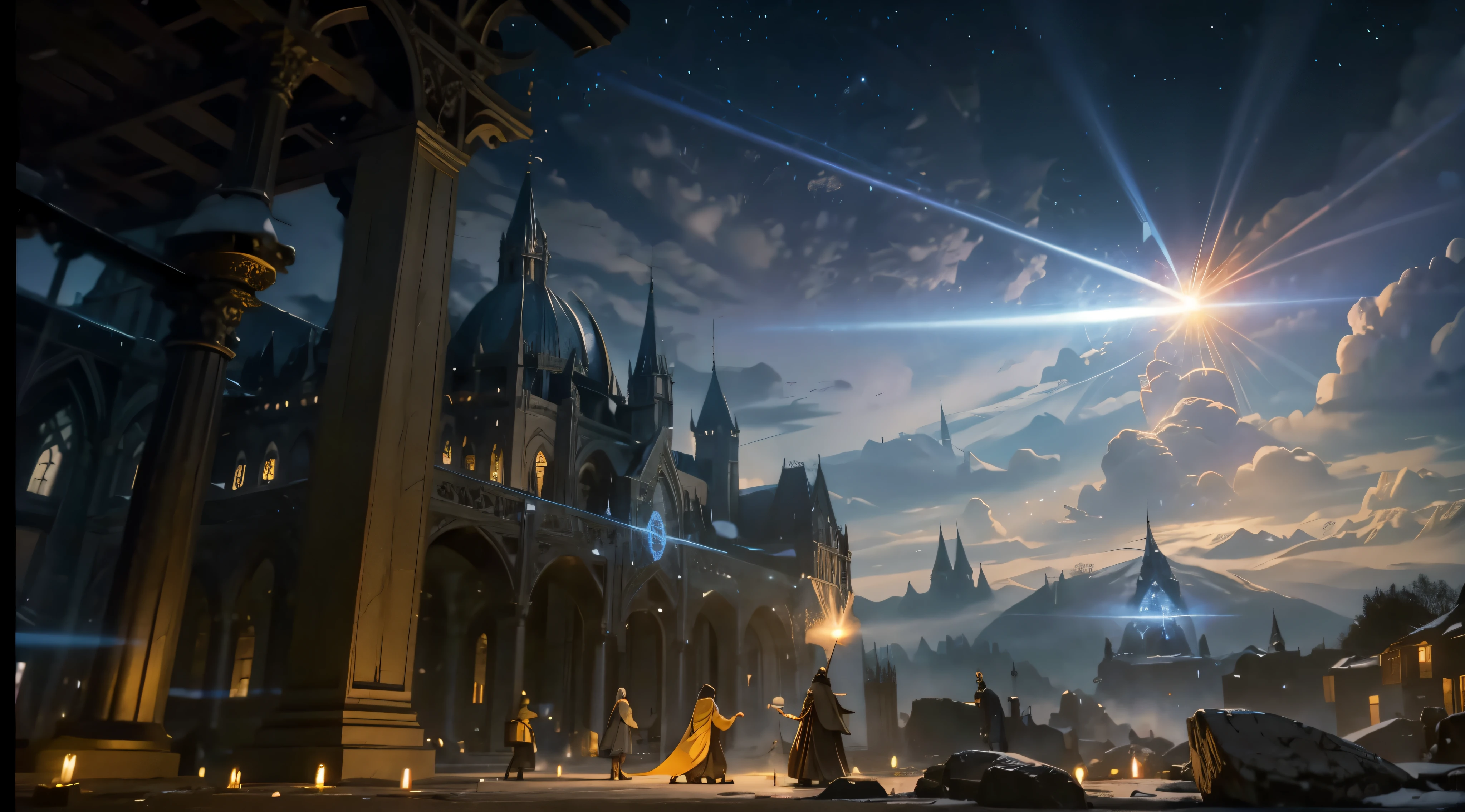 [[group of young monk sending thier power though the magical wand in thier hand to cast create Barier spell protect them and them self from ghost monster]],light barrier dome, large force-field barrier, firing light magic power into a the sky, Ultra-realistic, 8D, glowing light blue lasers,light blue barrier, barrier,holy barrier, very powerful, Mythical, night time footage, Magical war
