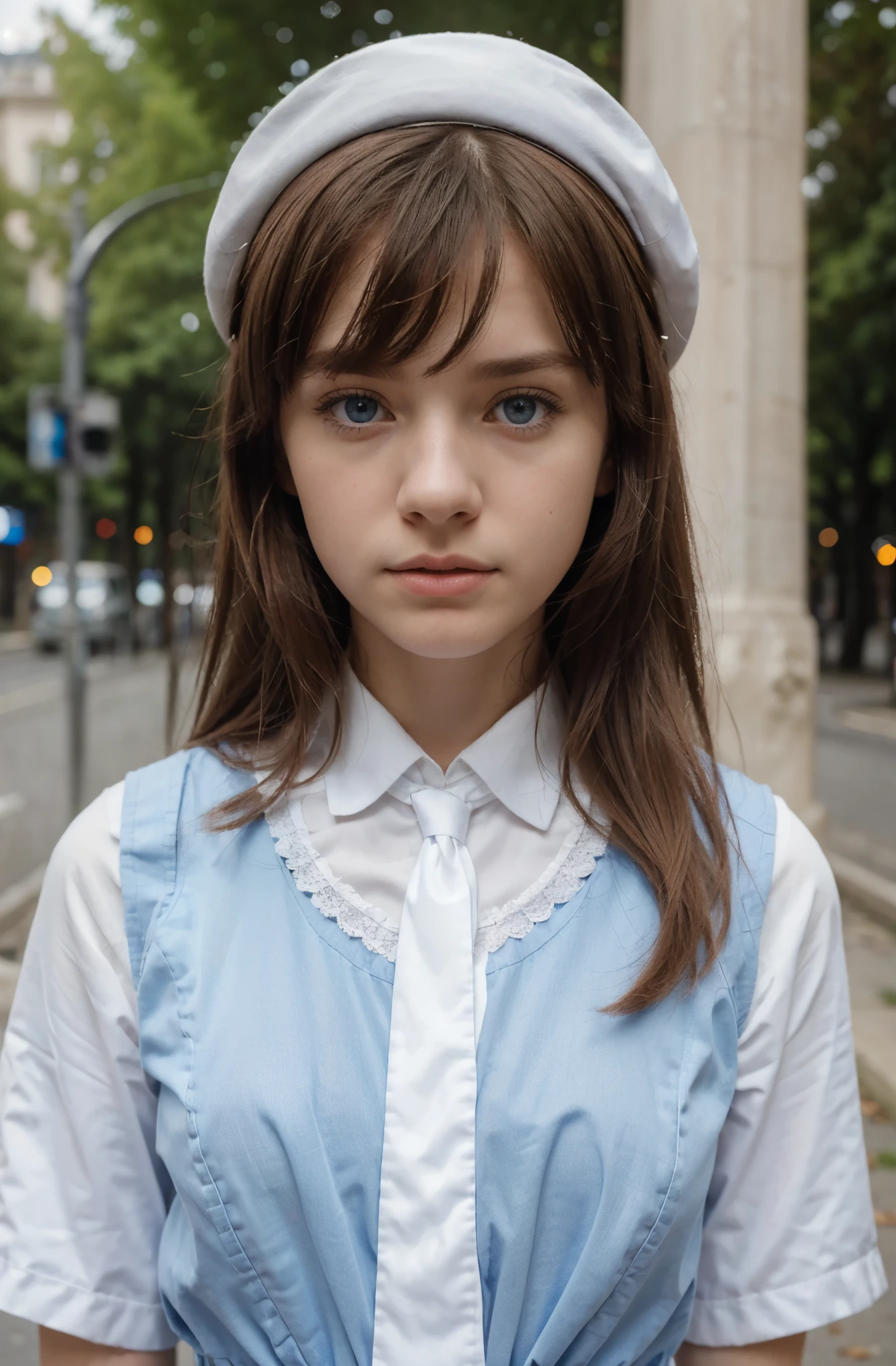 (best quality,hyper-realistic,ultra-detailed,8k), teenager, fifteen years old, shy, sad, paleness, big blue eyes, very white skin, small nose, very short brown hair with bangs, melancholy, delicate, feminine, skinny, elegant school white uniform, french red Beret, long tie, triumphal arch Of Paris, empty street, Sunny day, blue laces in hair.
