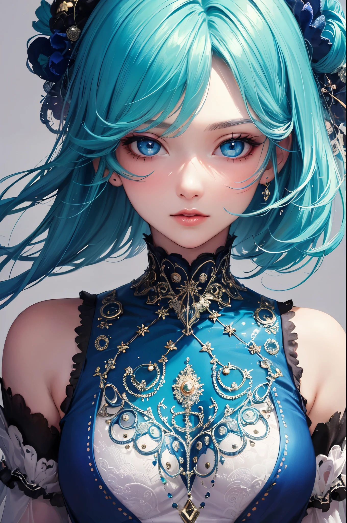 (Masterpiece, Top Quality, Best Quality, Official Art, Beauty and Aesthetics: 1.2), (1girl: 1.3), (Fractal Art: 1.3), Vibrant Aqua Blue Eyes, Medium Hair with Tassels,