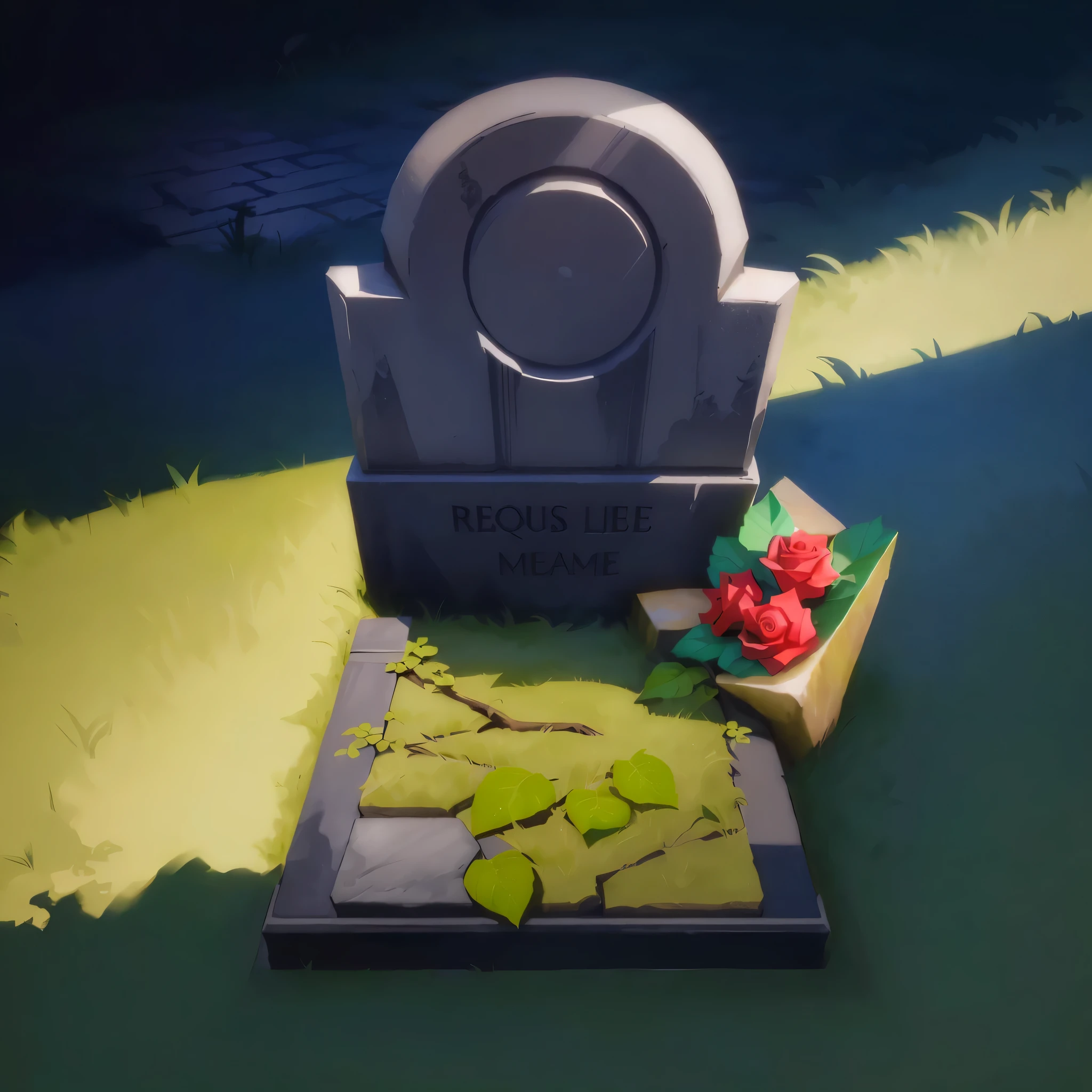 there is a small statue of a rose sitting on a grave, Stylization, Depicted as game concept art, stylized concept art, grave, Stylization的游戏艺术, Few details. digital painting, Inspired by Goro Fujita, background art, Stylization, Rest there, Stylization艺术, Stylization 3D 渲染