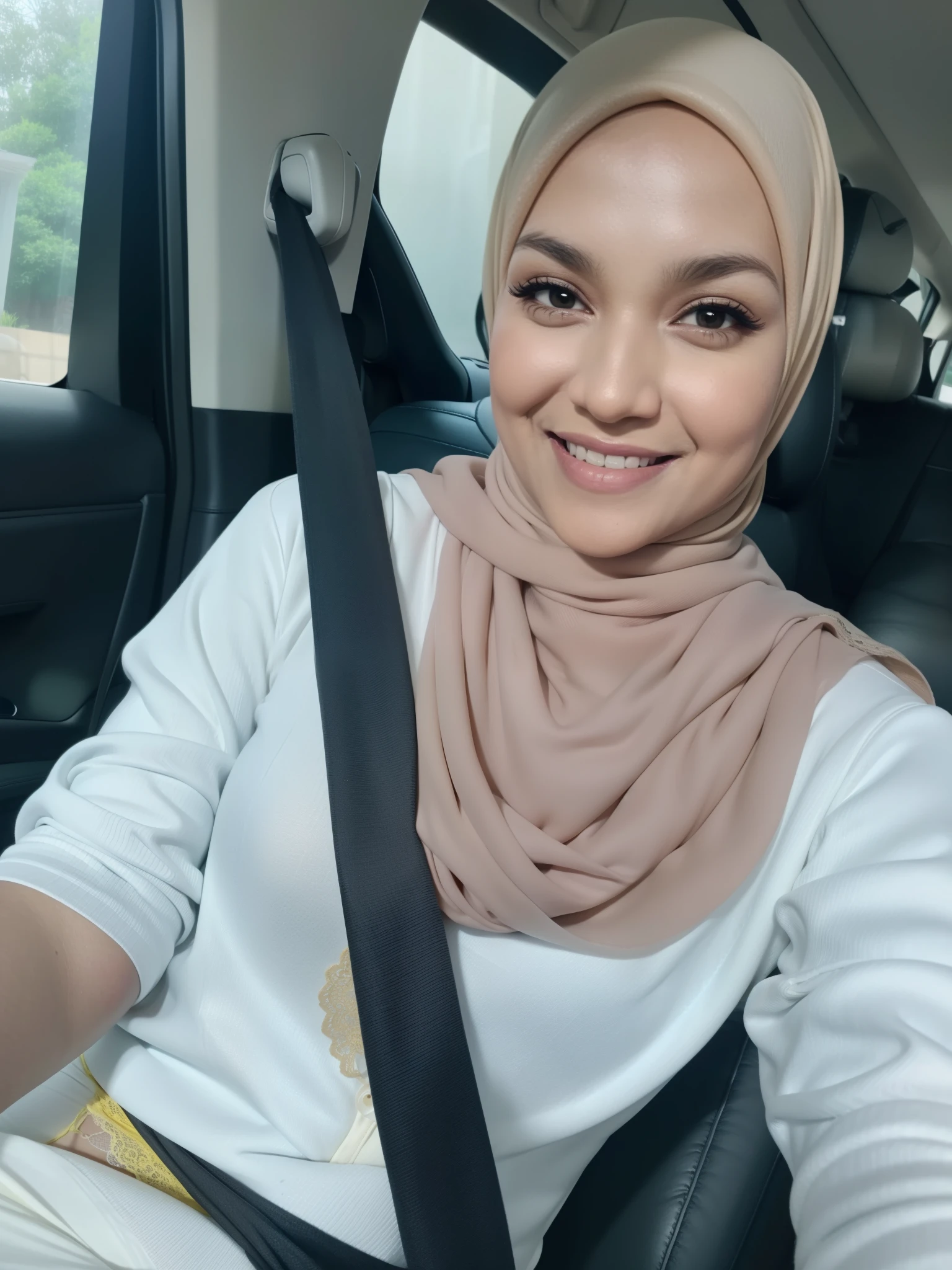 ((HIJAB)), ((YELLOW LINGERIE)), ((SHORT HIJAB)), Portrait photo of a matured chubby malay girl, curvy, (laughing:1.2), hijab,malaysian, posing, look at a camera, nerd, wear white shirt and short pleated skirt, full body, room background, big breast,nighttime, backlit, epic realistic, hyper detailed, detailed skin texture, mole below eye, natural skin texture, mole in body, insane details, intricate details, accent lighting, soft volumetric light, bokeh, (dramatic light:1.2), (neutral colors:1.3), cross process, living room background, ((detailed realistic face and eyes)), good lighting, 8K resolution, Legs Wide Open, spread Legs, lying on bed, Liquid from the Crotch, Blushing, fat,