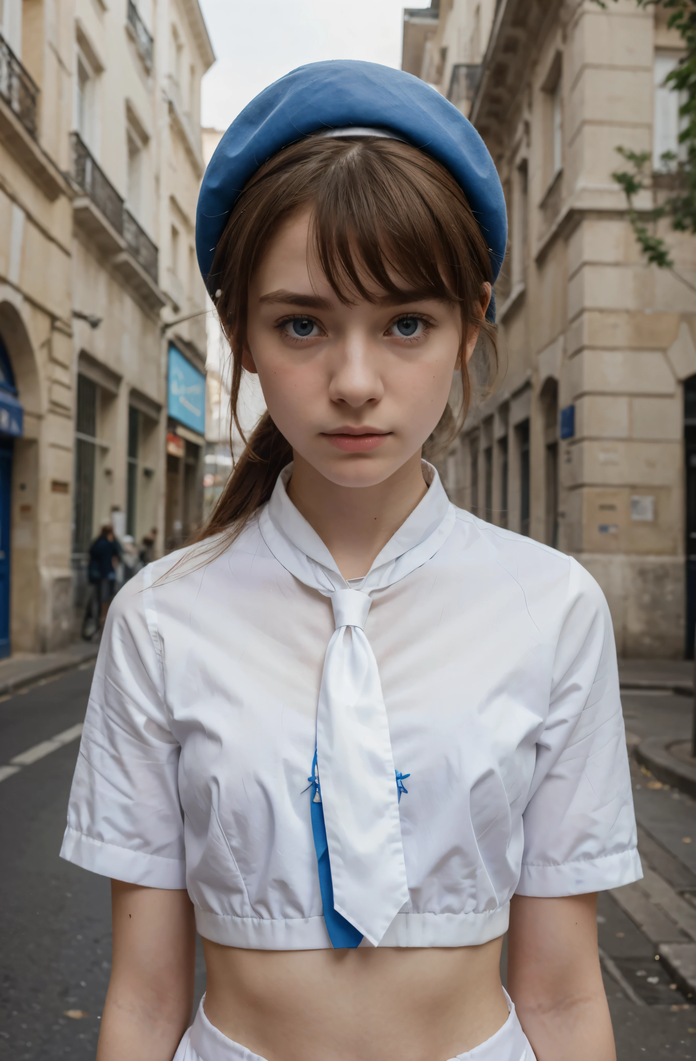 (best quality,hyper-realistic,ultra-detailed,8k), teenager, fifteen years old, shy, sad, paleness, big blue eyes, very white skin, small nose, very short brown hair with bangs, melancholy, delicate, feminine, skinny, elegant school white uniform, french Beret, tie, triumphal arch, empty street, brilliant day, rain.