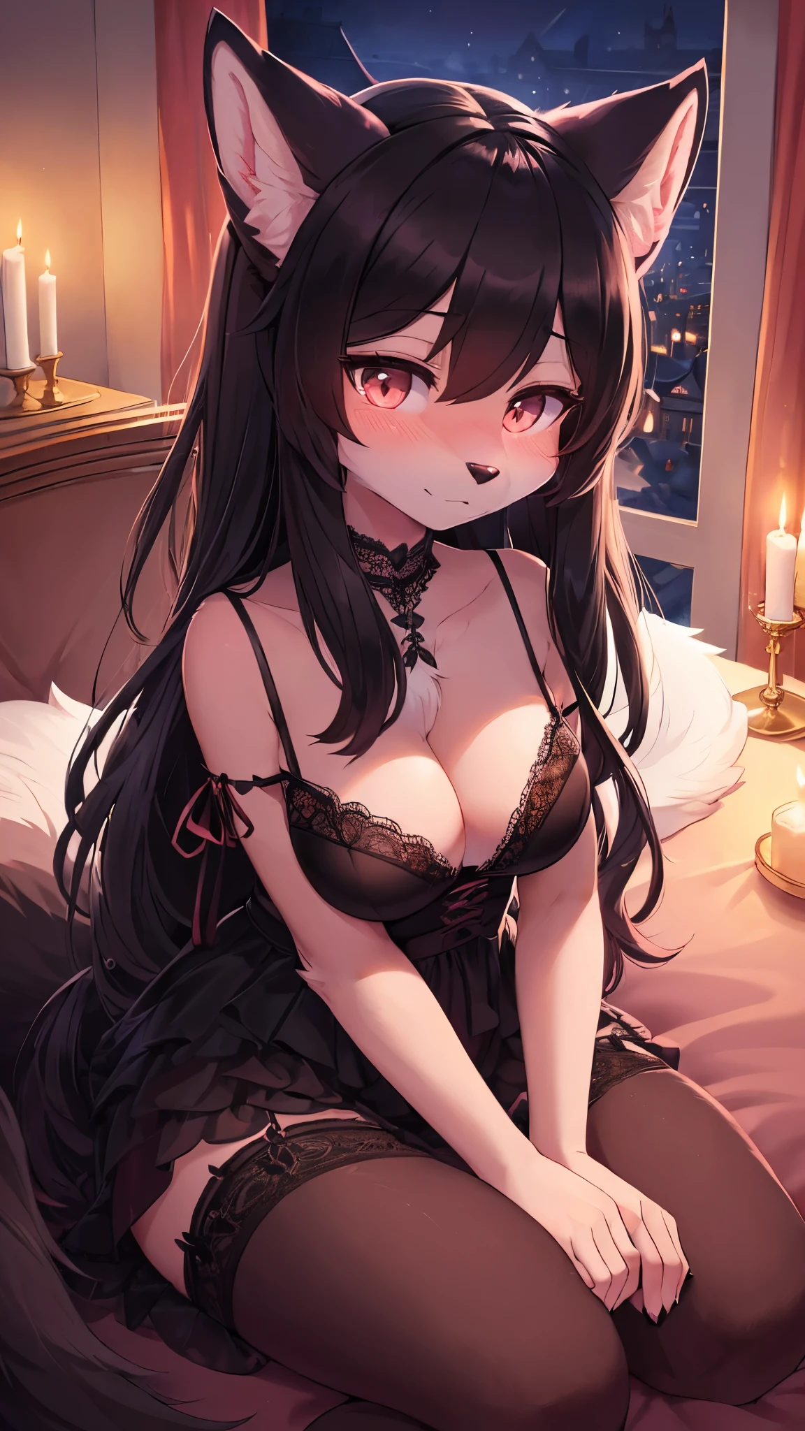 (fluffy anthro furry :1.8),cat girl,black long hair,pink fur,ultra detailed fur,black lingeria with ribbon,lace,cleavage,bare shoulder,full face blush,looking at viewer,shy face,luxury bed,romantic candle light,night,building