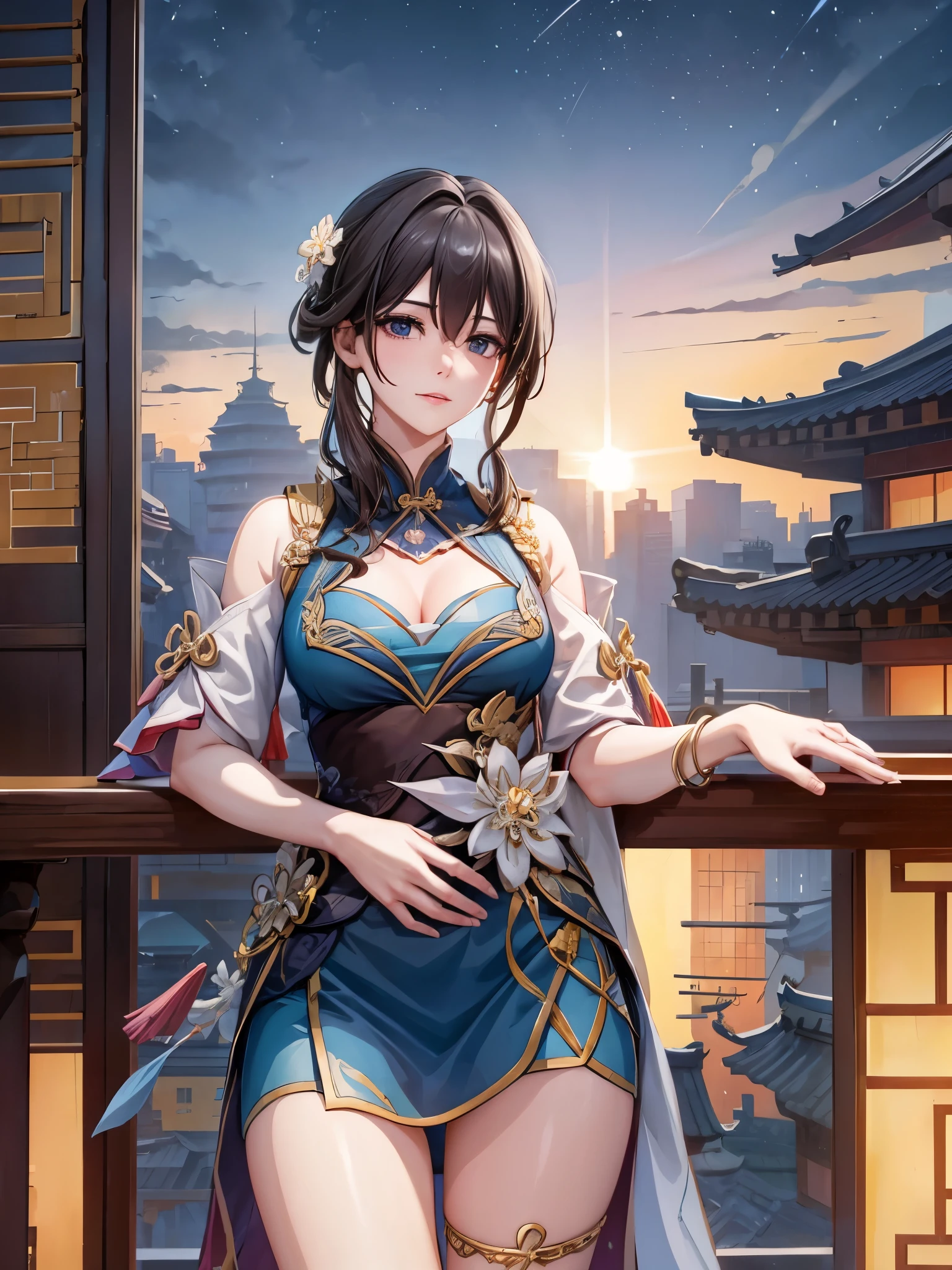 Ruan mei honkai star rail with sunny city background, ruan mei, honkai star rail, game, ruan mei, white skin, semi realistic, big breast, soft hair, very big breast