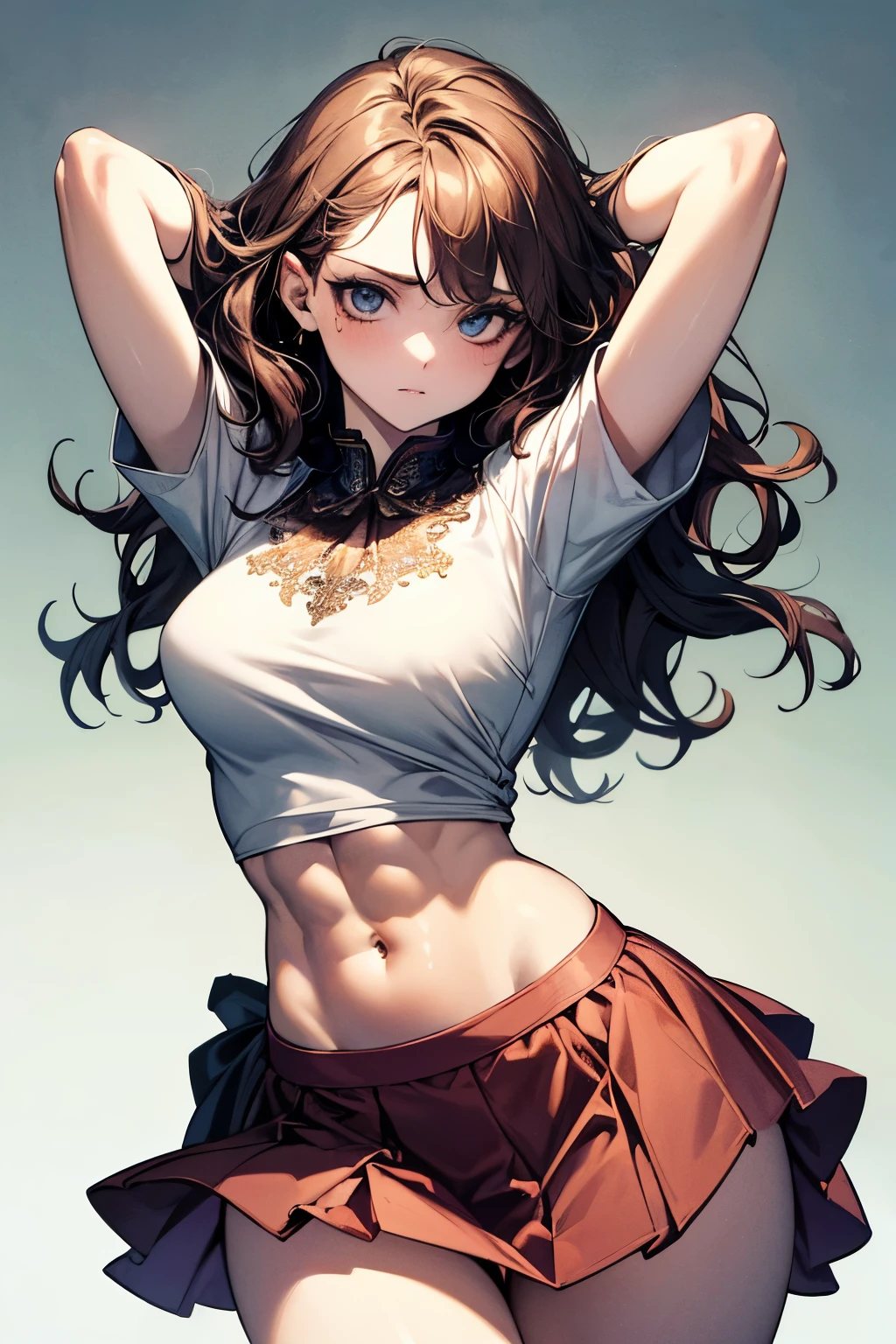 best quality, 32k, RAW photo, incredibly absurdres, extremely detailed, delicate texture, beautiful woman, wearing loose cropped t-shirt, under , flared skirt, arms behind head, two side up messy wavy hair, amorous and lewd expression, abs, superlative body proportion, background pastel color, fractal art, art design