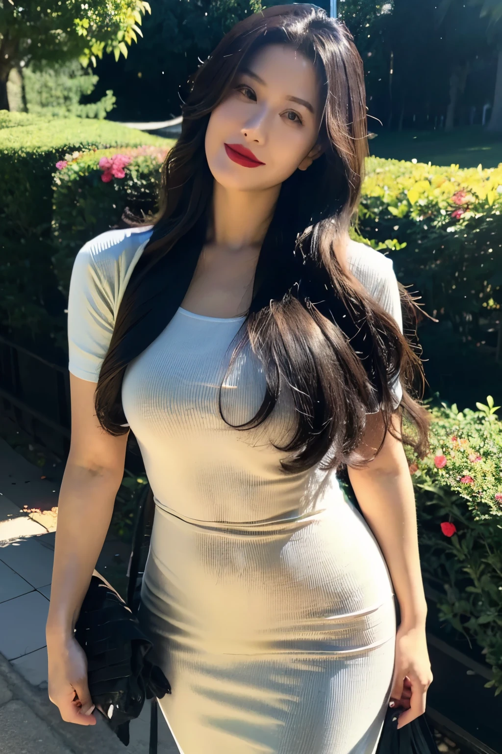 Draw lips correctly, red lipstick, from chest up, best quality, Super detailed, lifelike, Super fine skin, perfect anatomy, (1 日本Mature的女人), (alone),Wearing a gray round neck dress,wavy long hair,37-year-old female,Mature,charming smile,beach background,stand,Leg length,Chubby,Big breasts,stand up,full-body shot