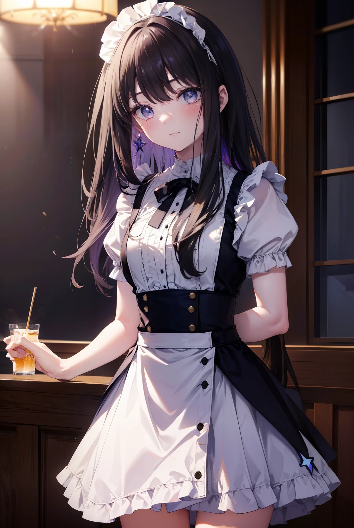 Takiuchi Kame, check it out, long hair, bangs, black hair,blush,smile, (purple eyes:1.2),
she was wearing a maid skirt, white stockings on her legs, and lace gloves.
break indoors, Cafe,
break looking at viewer, (cowboy shot:1.5),
break (masterpiece:1.2), highest quality, High resolution, unity 8k wallpaper, (figure:0.8), (detailed and beautiful eyes:1.6), highly detailed face, perfect lighting, Very detailed CG, (perfect hands, perfect anatomy),