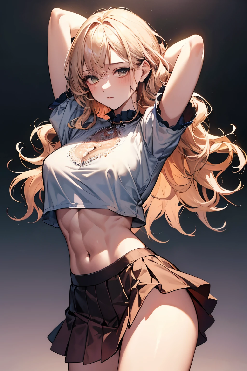 (small breasts:1.2), (perky chest:1.2), (pointed chest:1.2), (Pudding cake magazine cover:1.3),(from above:1.0),(shoot from the side:1.1),masterpiece, 1girl, Amazing Cleavage:1.1, thin waist, optimum,tmasterpiece,hight resolution,best qualtiy,hyper HD,super detailing,awardwinning,a 18yo cute girl,(The upper part of the body),anatomy correct,Beautiful Black miniskirt,garters,Gaze,Small face,bangss,holster,Beautuful Women,hands up,leg holster,Gaze,black boots,Cowboy Shot,cute face,a blond,Longhaire,Twin-tailed,Braids, Hairline,(scarlet eyes),long eyelasher,Hanging eye corners,White skin of the, ((see through camisole:1.1)), ((Sheer nipples:1.0)),Rocket Tits,(Slim body),smile,seductive weak smiling,(with sparkling eyes and a contagious smile),little open mouth, Looking at Viewer,