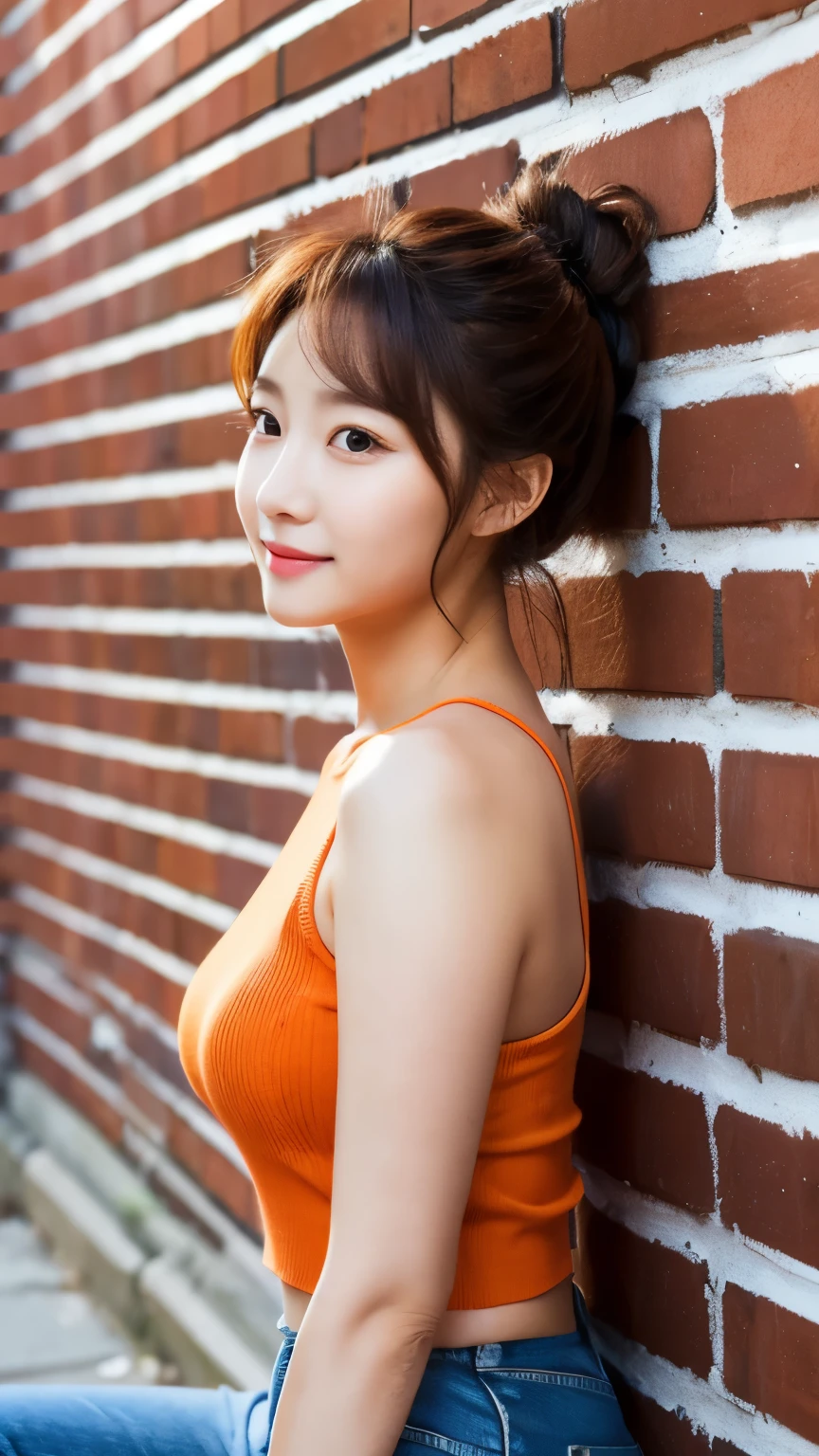 UHD, cute Korean female,Chest size 32 inches, ponytail, wearing orange rank top, sitting against the brick wall
