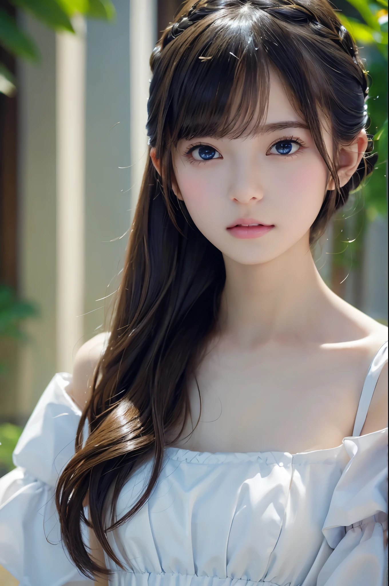 Image from chest up:1.6)、Close-up portrait of a girl wearing only a white off-shoulder top dress and earrings, soft portrait shot 8 k, lovely delicate face, high-quality 4k portrait, high quality portrait, soft flawless pale skin, 8K highly detailed face, Beautiful delicate face, beautiful light big eyes, beautiful and realistic faces, Beautiful fece18Year old girl, beautiful and realistic faces, cute little18Year old girl