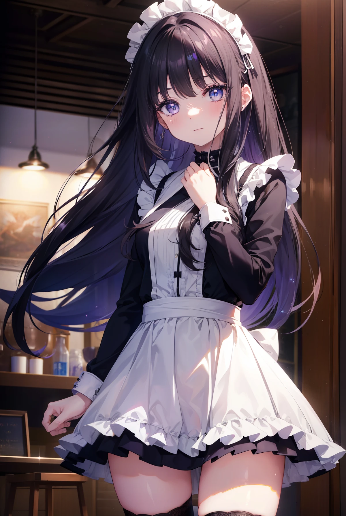 Takiuchi Kame, check it out, long hair, bangs, black hair,blush,smile, (purple eyes:1.2),
she was wearing a maid skirt, white stockings on her legs, and lace gloves. 
break indoors, Cafe,
break looking at viewer, (cowboy shot:1.5),
break (masterpiece:1.2), highest quality, High resolution, unity 8k wallpaper, (figure:0.8), (detailed and beautiful eyes:1.6), highly detailed face, perfect lighting, Very detailed CG, (perfect hands, perfect anatomy),