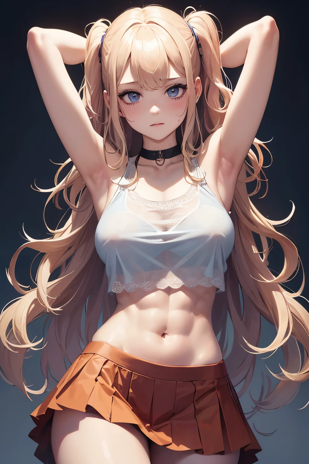 best quality, 32k, RAW photo, incredibly absurdres, extremely detailed, delicate texture, beautiful woman, wearing loose cropped t-shirt, under , flared skirt, arms behind head, two side up messy wavy hair, amorous and lewd expression, abs, superlative body proportion, background pastel color, fractal art, art design