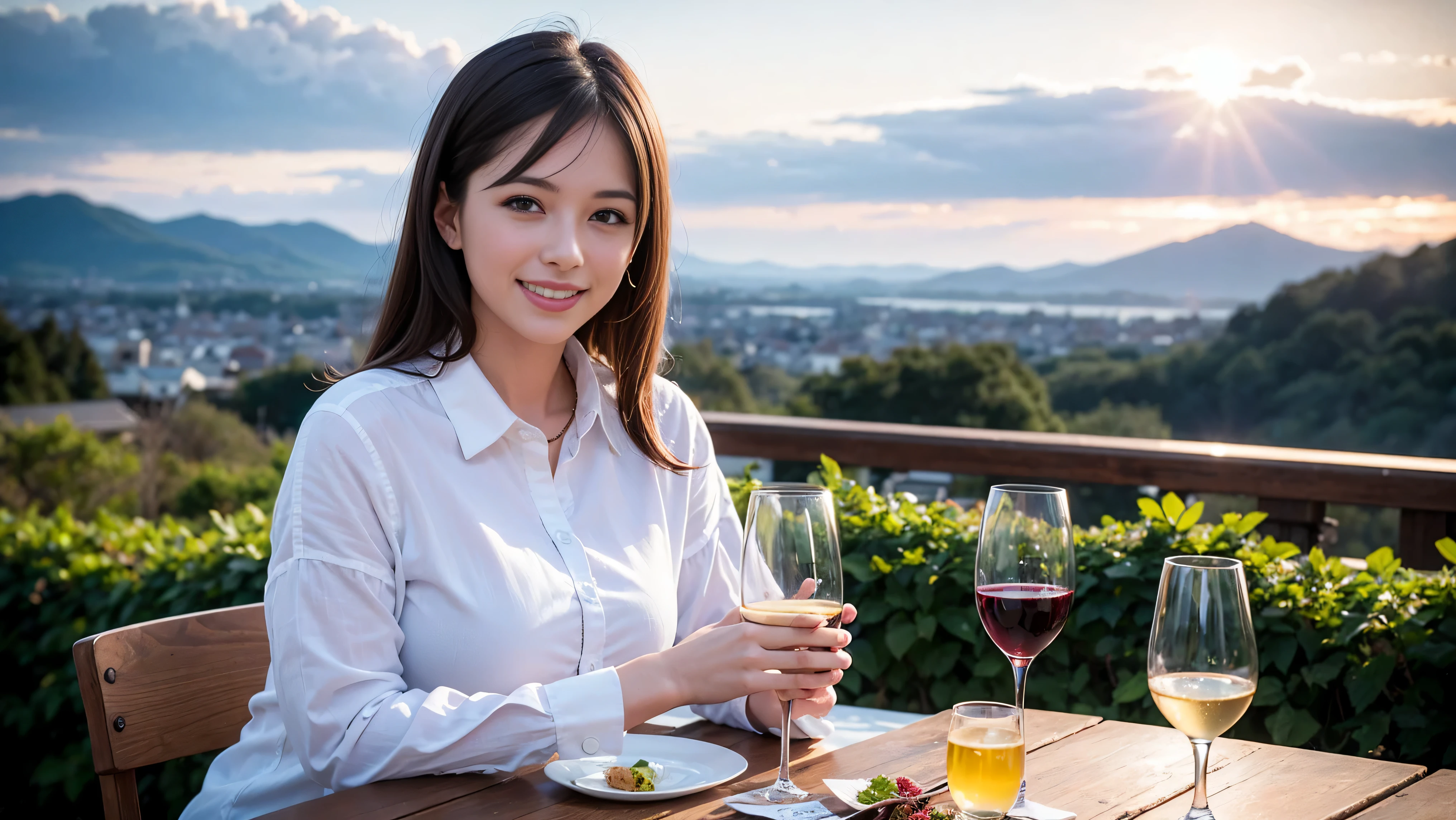 (including 64k, nffsw, highest quality, table top: 1.2), (realistic, photorealistic: 1.37), Spectacular view of the sunset sky and clouds、Amazing mountain views、long sleeve shirt、winter fashion、Columbia、Brazilian、Japanese、Dutch、German、Portuguese、Belgian、Italian、French,Champagne、sparkling wine、 (slimフェイス), (slimボティ), (brown hair), (shortcut), neat beauty、cheeks turn a little red, (35 years old), 38 years old, alone, 窓の外には美しく緻密なnight景が広がります., restaurant, wine glassが座っている, nightに, in a prominent place (from the Upper body) nova frog style, actress, model, Upper body, White wine, slim, wine glass, Super Clean night View, wine glass Put in the Middle, Happy smile, (smile: 1.15), beautiful and detailed eyes, Upper body, bust japan up, night, short, short, actress, model, Upper body, White wine, slim, wine glass, Super Clean night View, wine glass Put in the Middle, Happy smile,