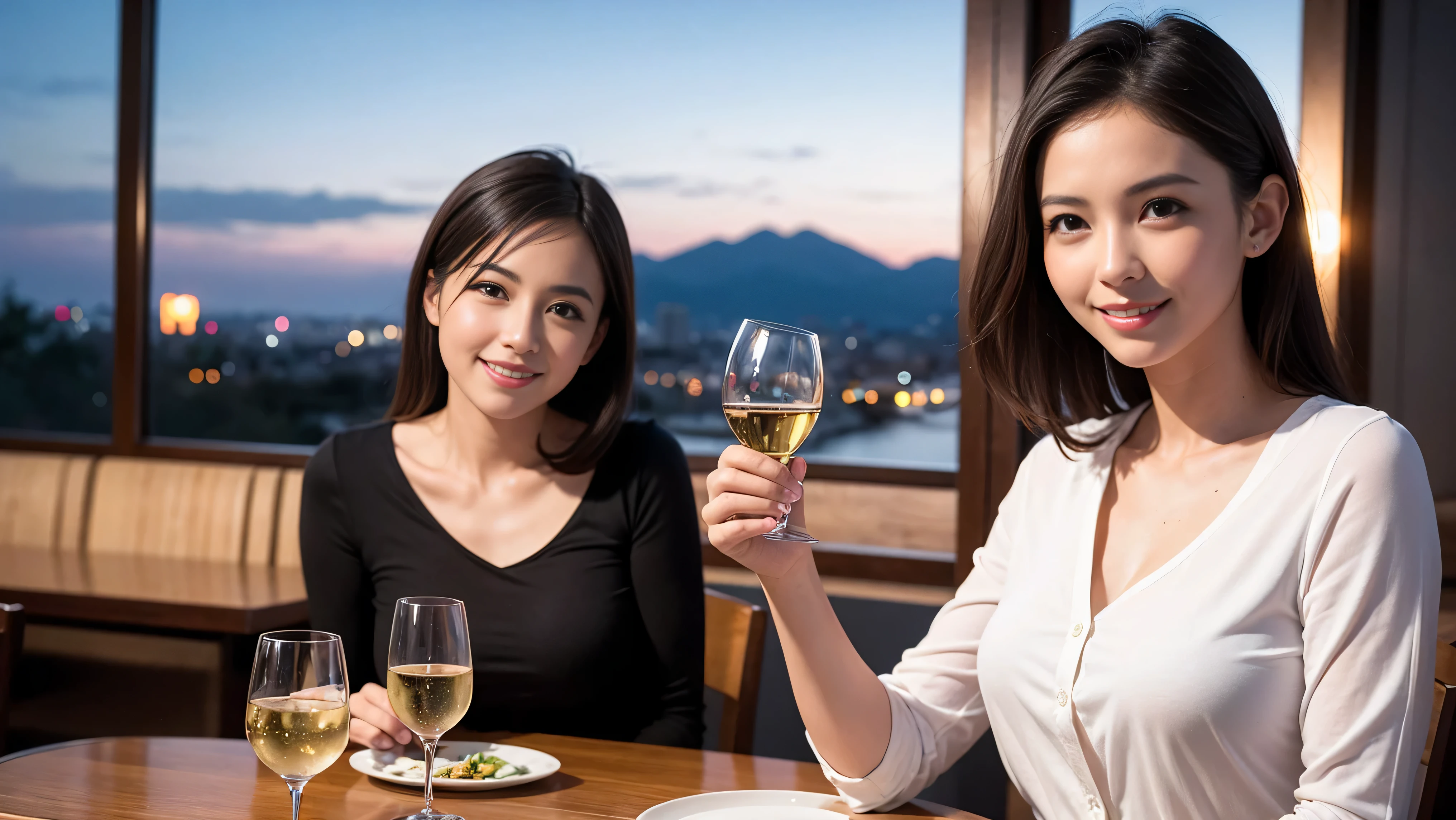 (including 64k, nffsw, highest quality, table top: 1.2), (realistic, photorealistic: 1.37), Spectacular view of the sunset sky and clouds、Amazing mountain views、long sleeve shirt、winter fashion、Columbia、Brazilian、Japanese、Dutch、German、Portuguese、Belgian、Italian、French,Champagne、sparkling wine、 (slimフェイス), (slimボティ), (brown hair), (shortcut), neat beauty、cheeks turn a little red, (35 years old), 38 years old, alone, 窓の外には美しく緻密なnight景が広がります., restaurant, wine glassが座っている, nightに, in a prominent place (from the Upper body) nova frog style, actress, model, Upper body, White wine, slim, wine glass, Super Clean night View, wine glass Put in the Middle, Happy smile, (smile: 1.15), beautiful and detailed eyes, Upper body, bust japan up, night, short, short, actress, model, Upper body, White wine, slim, wine glass, Super Clean night View, wine glass Put in the Middle, Happy smile,