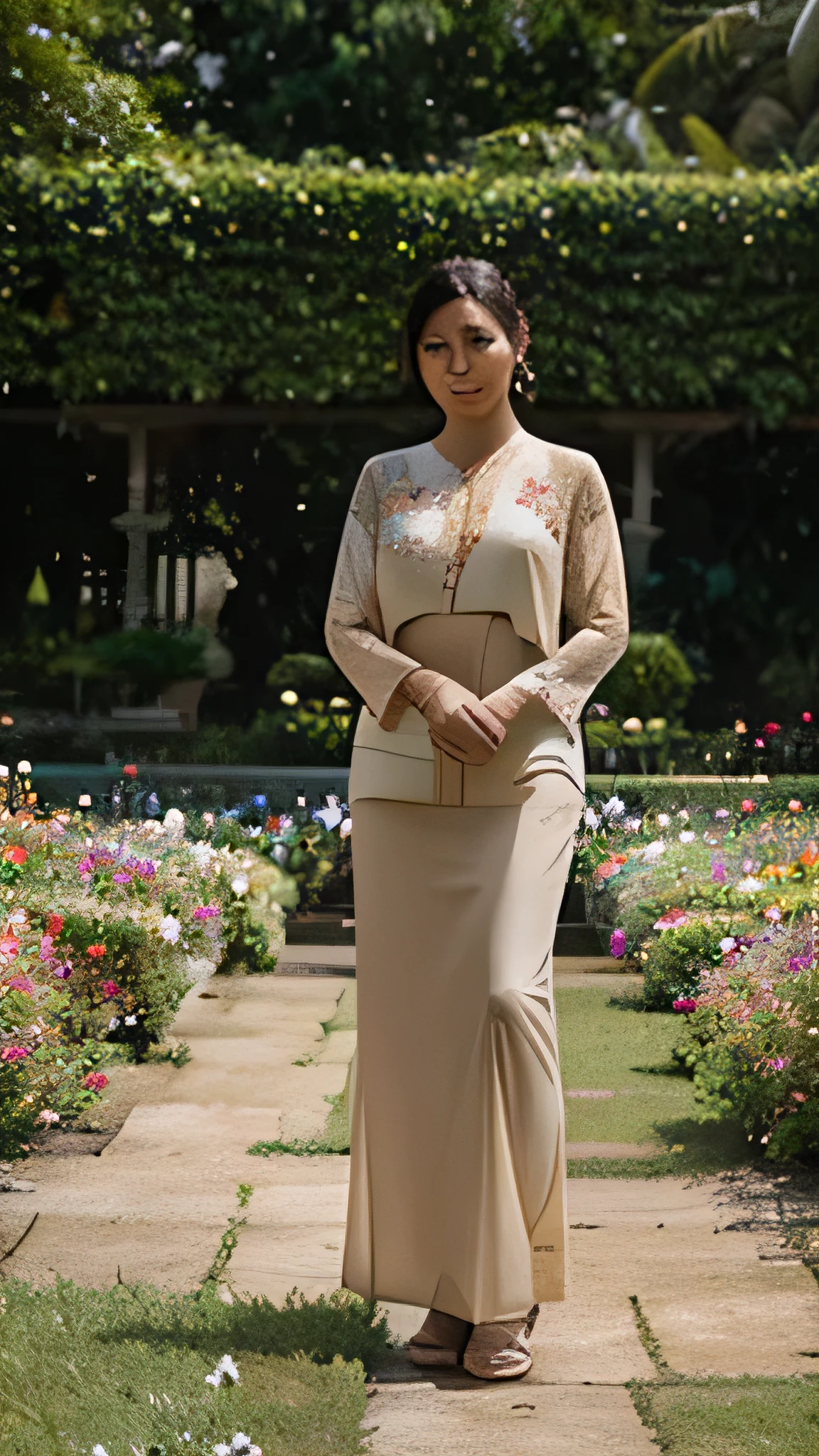 A beautiful 38-year-old woman wearing a milk brown kebaya standing up in a beautiful and very clear and real flower garden, looking just like her