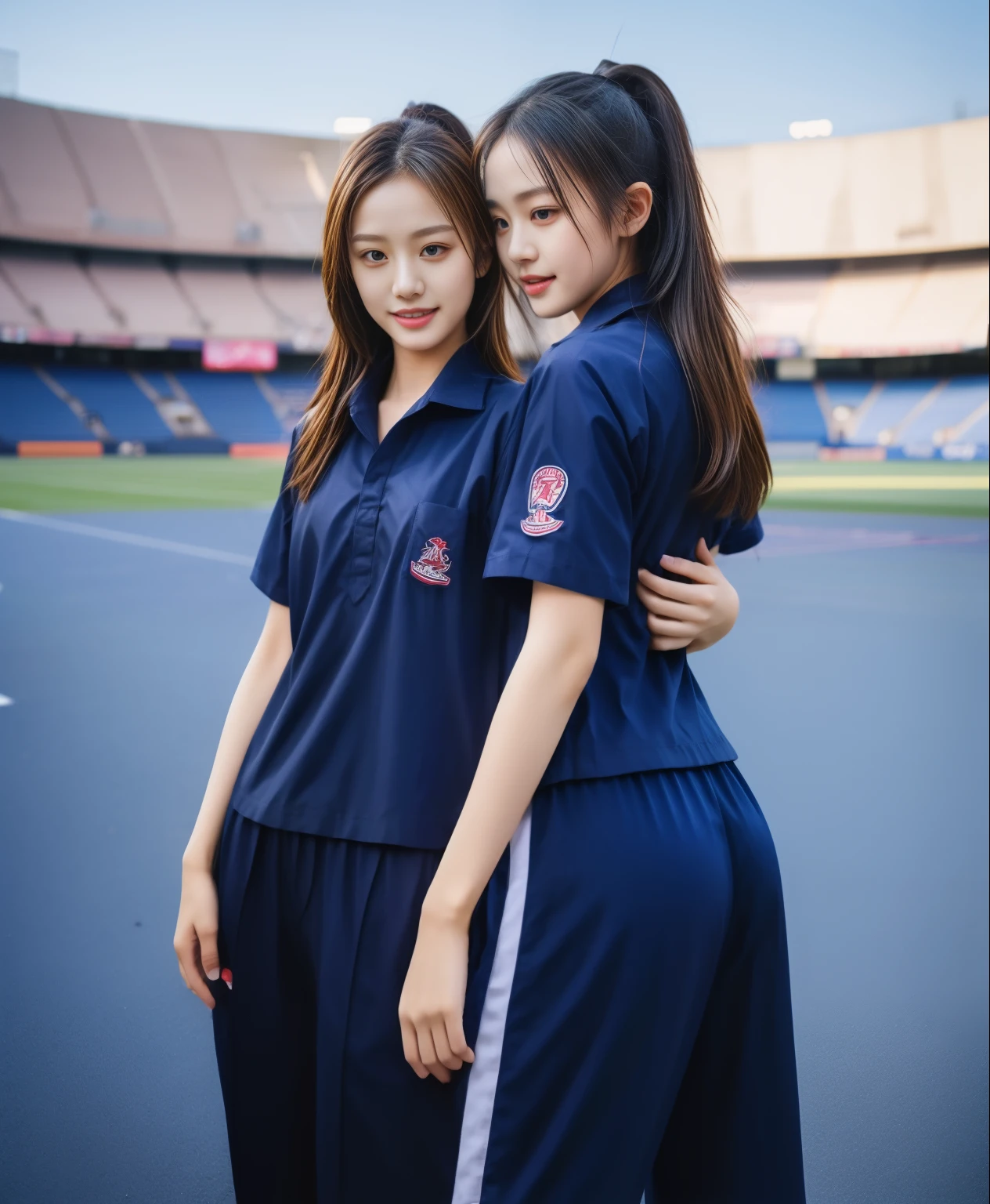 (best quality,10,10,height,Masterpiece:1.2),Special details,(realistic,ภาพrealistic,Realistic photos:1.37),1 cute girl on the football field,shiny, ผิวshiny,only,smile softly,BDclothelue shirt:1.3)),short sleeve,shirt, กางเกงขาlong.,(navy_long_track pants:1.1), ((stadium background:1.3)),Dynamic angle,excited,Face focus,dynamic poses,from behind,focus on ass,Masterpiece, best quality, ultra realistic, hyper-detail, 8K resolution, raw photos, Sharp focus, ((Navy blue shirt:1.1)), short sleeve, เส้นทางlong, perfect body, 2 mature women, 18 years old, Cinema-grade lighting system,blue sweatpants,shirtผ้าออกกำลังกาย,correct anatomy,perfect body, correct body, Sharp face, correct bodyทางกายวิภาค, full body, realistic gestures, long-haired, realistic poses,Wear long shorts................................,ช่วงขาlong,Good shape,carved girl, Slender figure, model, Good shape, beautiful body,blue sweatpants, two girls kissing