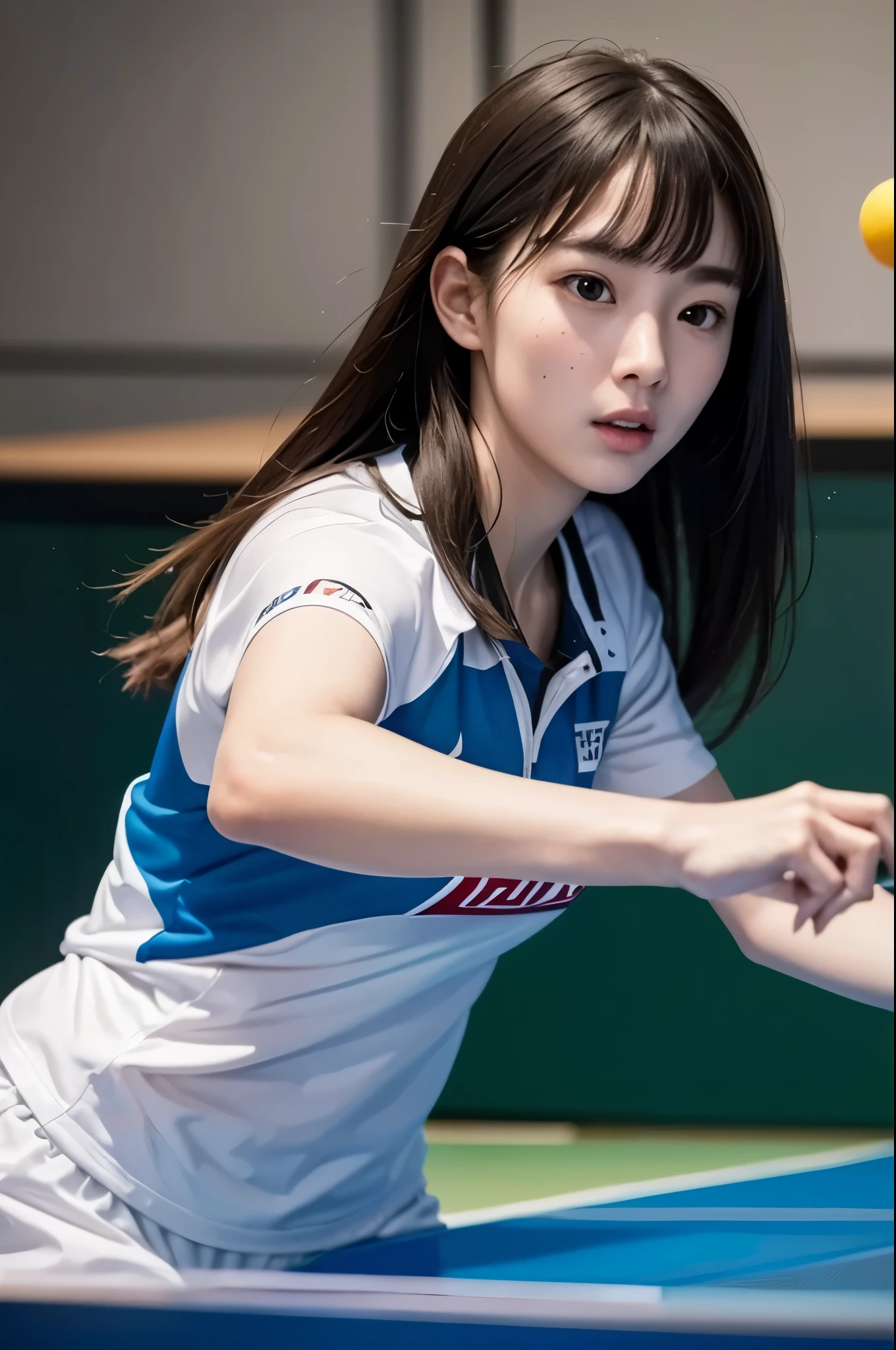 masterpiece, best quality, extremely detailed, hyperrealistic, photorealistic, a pretty woman, ping-pong player:1.2, ping-pong racket:1.2, holding ping-pong racket, ping-pong serve, ultra detailed face:1.1
