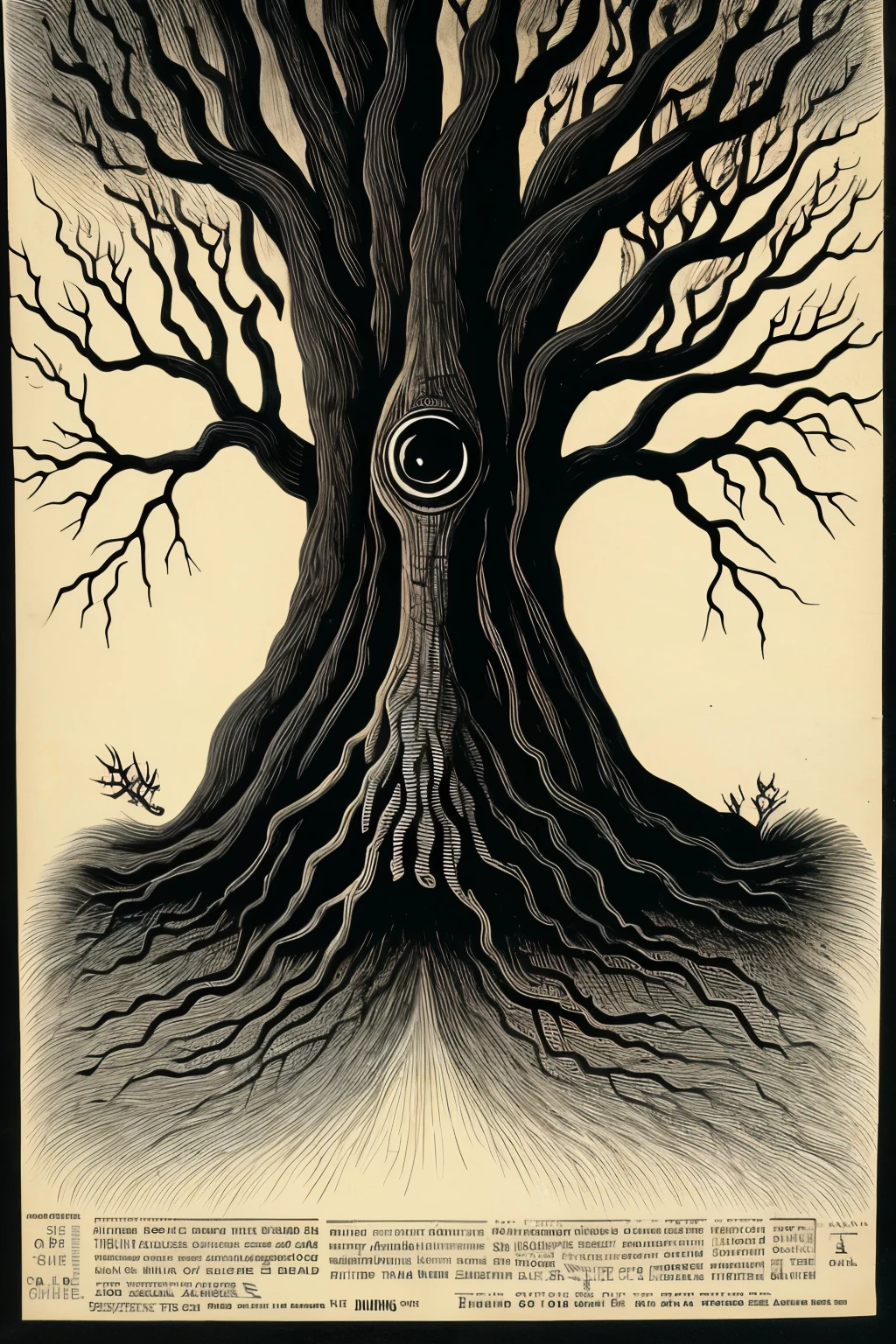 A monster like a tree branch has hands and feet, roots, fingers wrapped around pitch black eyes, forming a tree monster, very scary, has a wide mouth with sharp teeth, there are blood stains.detail