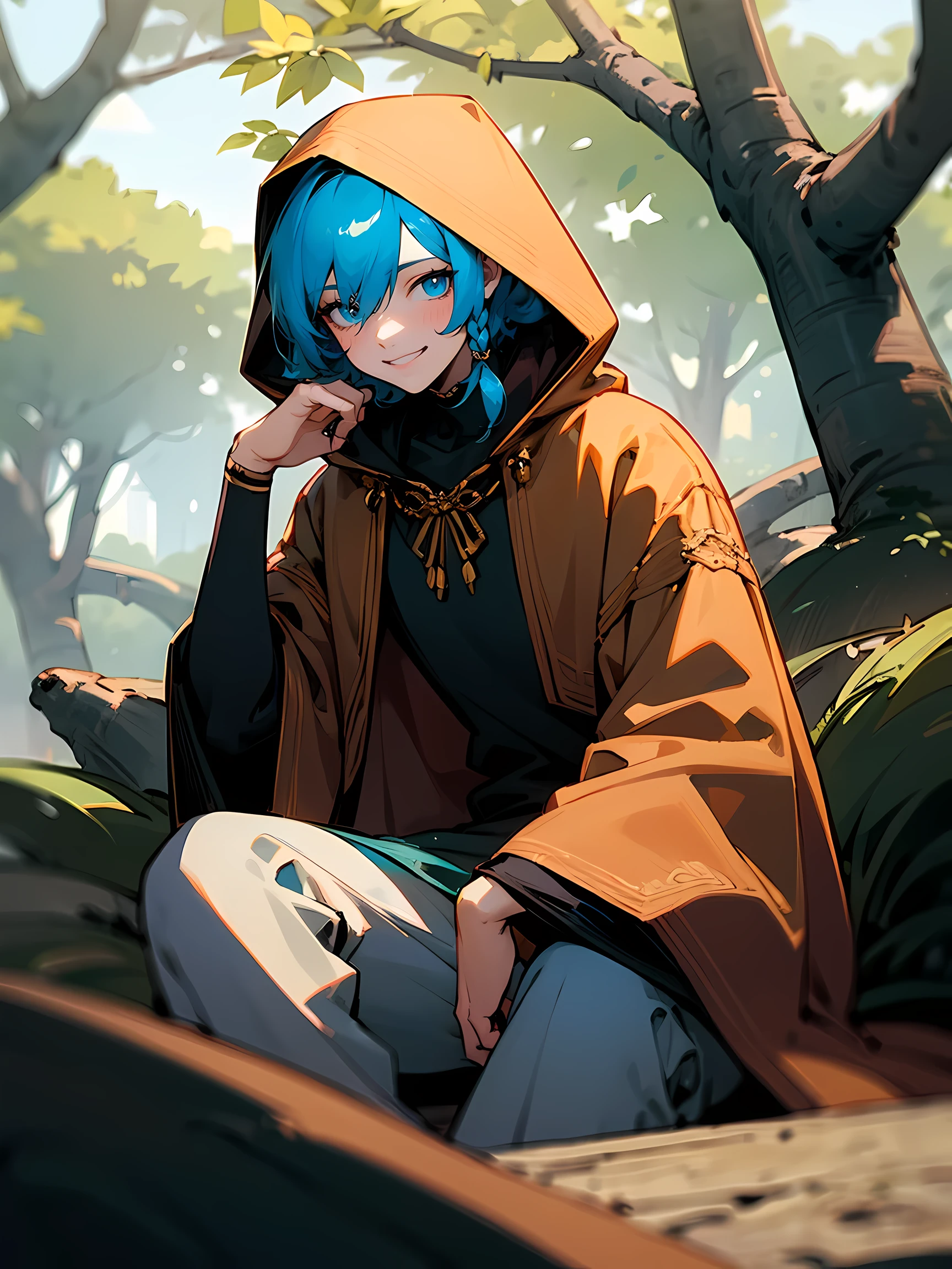 1male, cyan hair, braided hair, short hair, hood over head, brown cloak, sitting on tree, dynamic lighting, smirk, looking down on viewer