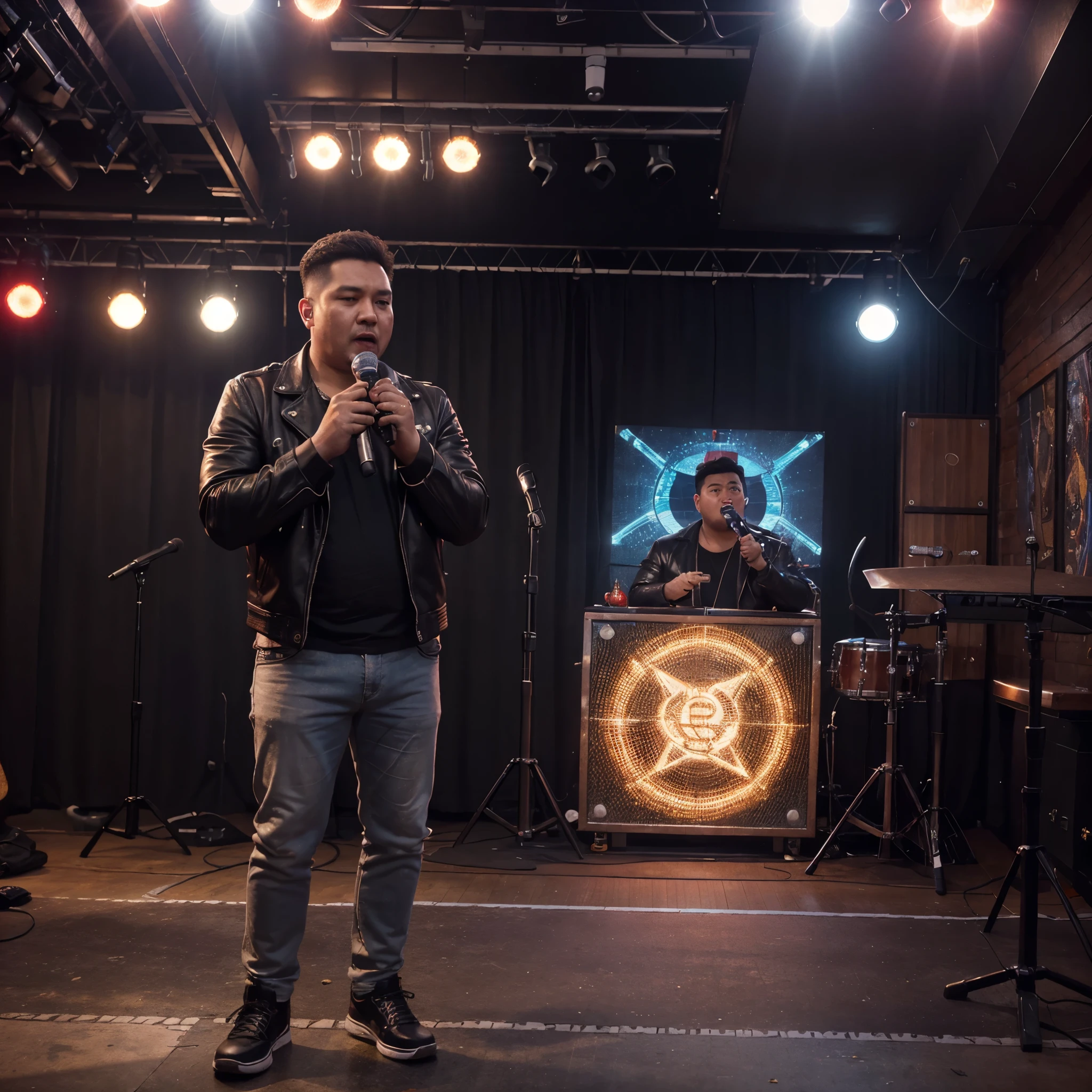 (best quality,4k,high detail,hyper realistic:1.2),Vokalis,man,fat singer,bar,cafe,fotografi,professional photographer,Indonesian, vivid colors,portrait lighting,leather jacket, microphone,stage microphone stand, colorful stage lights,artistic background, harmonious atmosphere