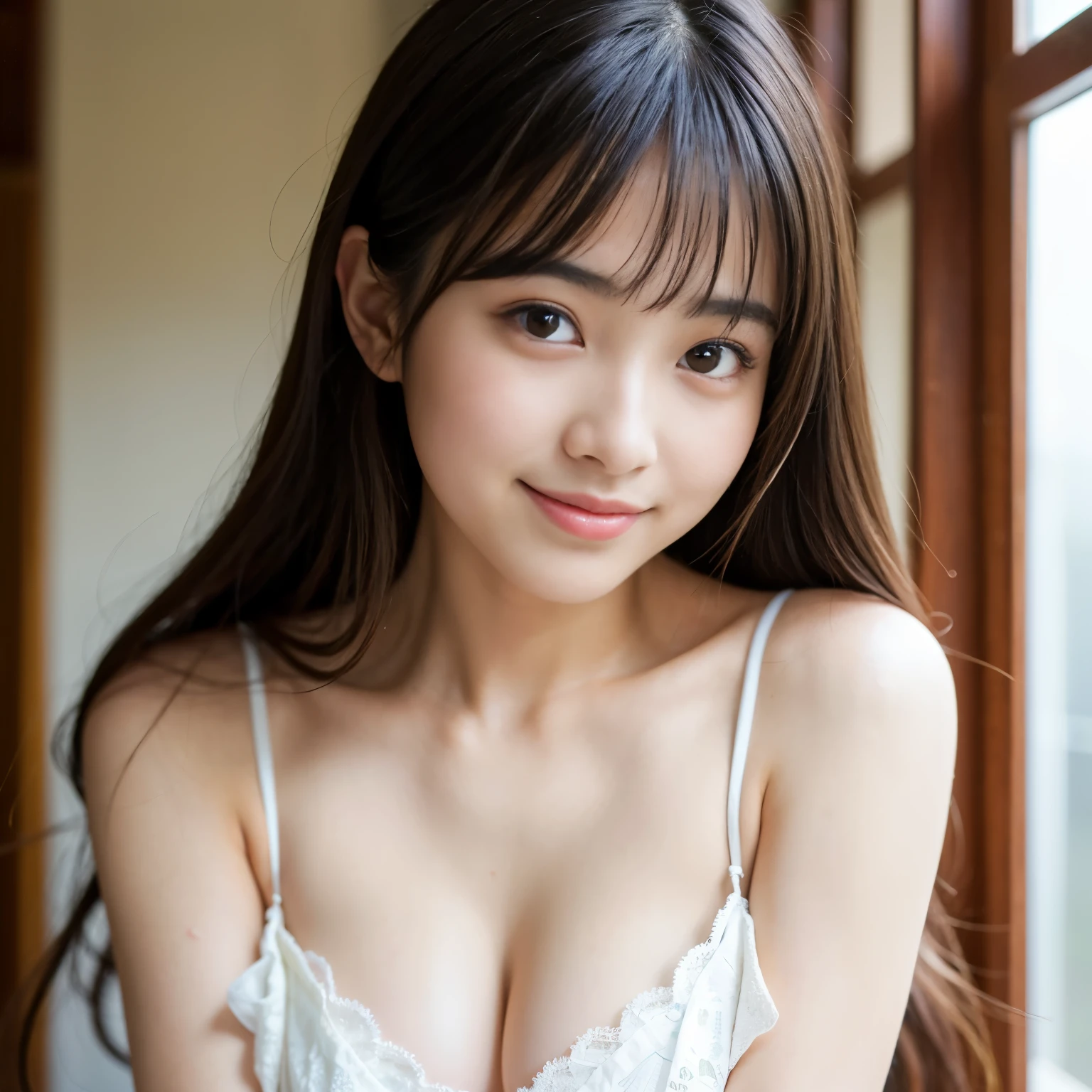 Best-quality, Masterpiece, Ultra-High-Resolution, (Photorealistic:1.4), Raw-Photo, 1girl, 15-years-old, the most famous Japanese idol, extremely cute face like the most popular Japanese idol, extremely beautiful big-black-eyes, extremely beautiful hair, extremely beautiful skins, extremely beautiful long-eyelashes, extremely beautiful lips, extremely beautiful cleavage, innocent-smile, looking at viewer