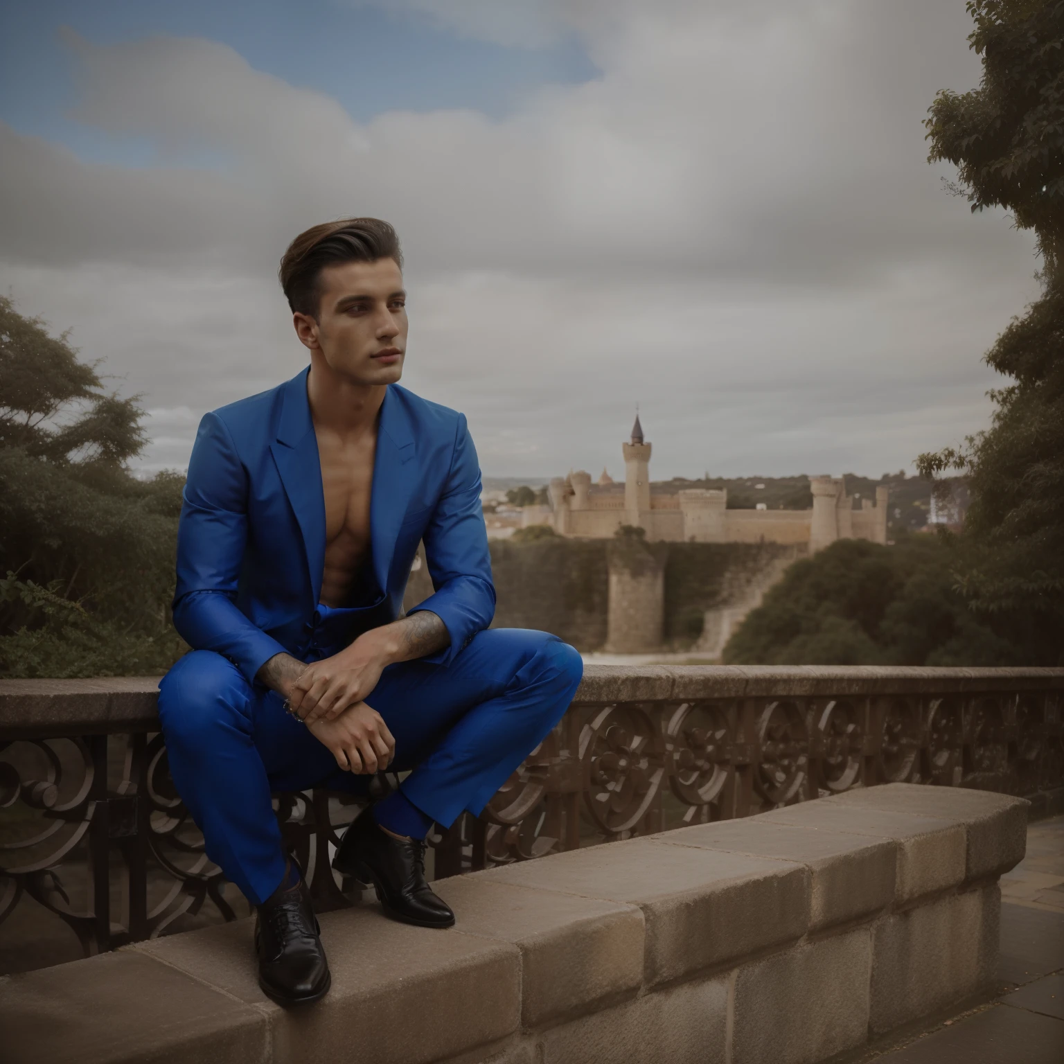 homem arafiado de terno azul sentado em um banco em frente a um castelo, high - end fashion photo shoot, Fotografia de modelo de moda, vestido de azul, fotografia de modelo profissional, fotografia de modelagem, Modelo masculino, inspirado em Maximiliano Cercha, pose elegante deslumbrante, fotografia de moda completa, Fotografia editorial de moda, fotografia editorial de moda, retrato de fotografia de moda, fashion photo shoot