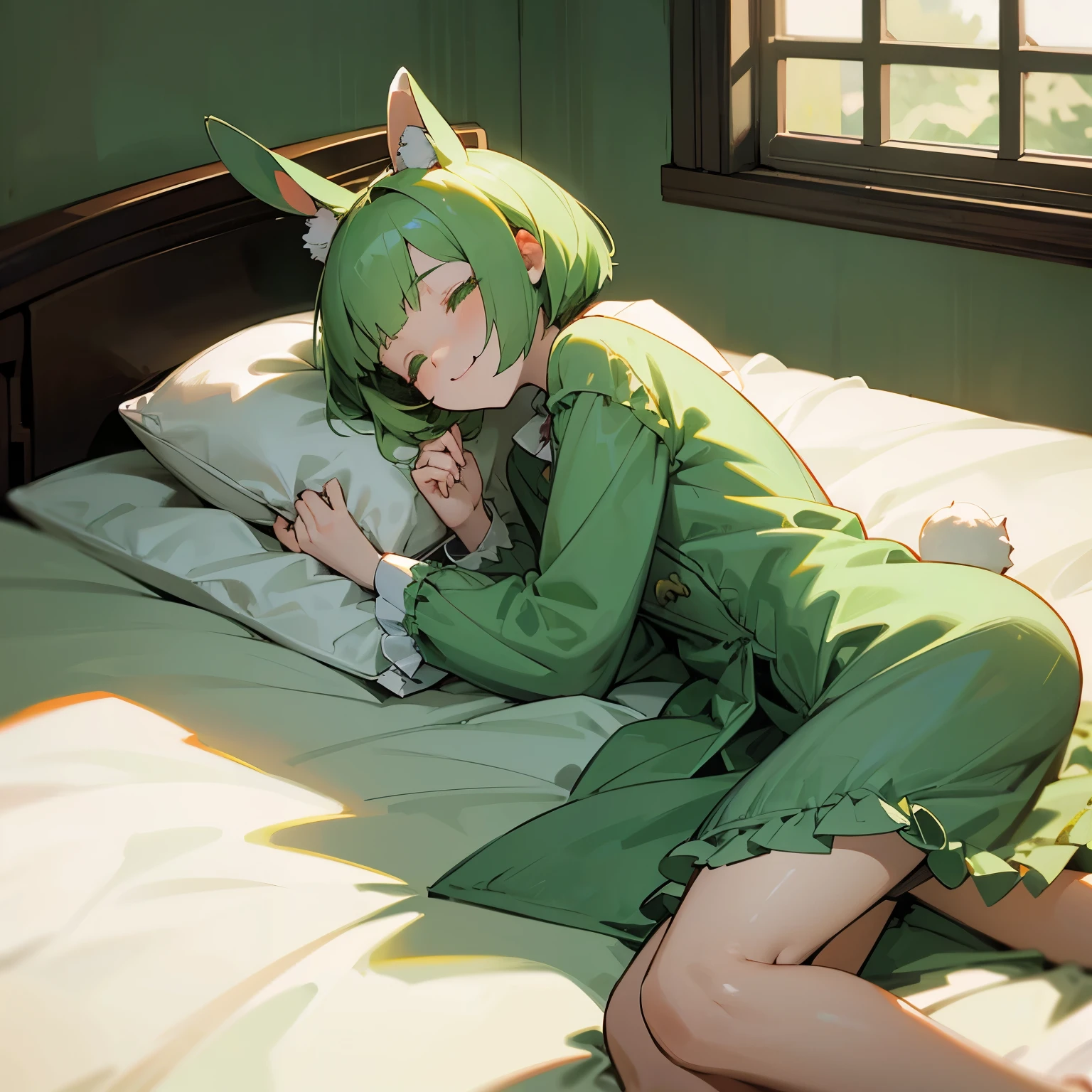 Green rabbit ears, green animal ears, 11 years old, bob cut, green hair, green eyes, thin eyebrows, smile, young, , alone, short, super delicate, green background, inside, in the bedroom, with a window, with a bed, with a bookshelf, with a crescent moon, at midnight, happy, sleeping, smiling, lying on back, bob, green hair, green eyes, eyes closed, pale skin, , slim, frilled clothing, pajamas, with rabbit ears, Heartwarming Scene