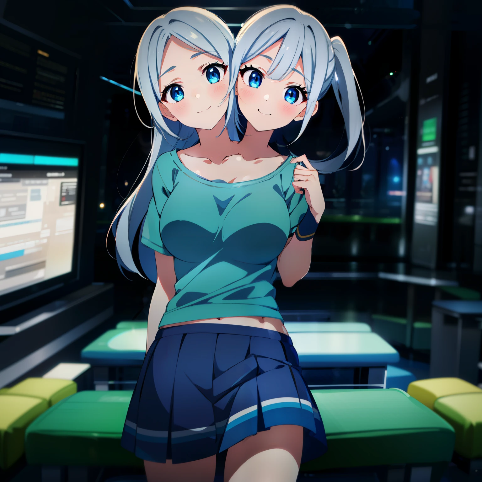 (masterpiece),(ultra-detailed), (high quality), (high resolution), (best quality:1.5, highres, UHD), highres, absurdo, ultra detail, ultra quality, Ultra resolution, 16k, ((2heads:1.5)), 1girl, anime girl with two heads, silver gray hair, ((blue t shirt)), casual wear, smiling, teenage girl, vibrant lighting, blue skirt, glowing blue eyes, jacket