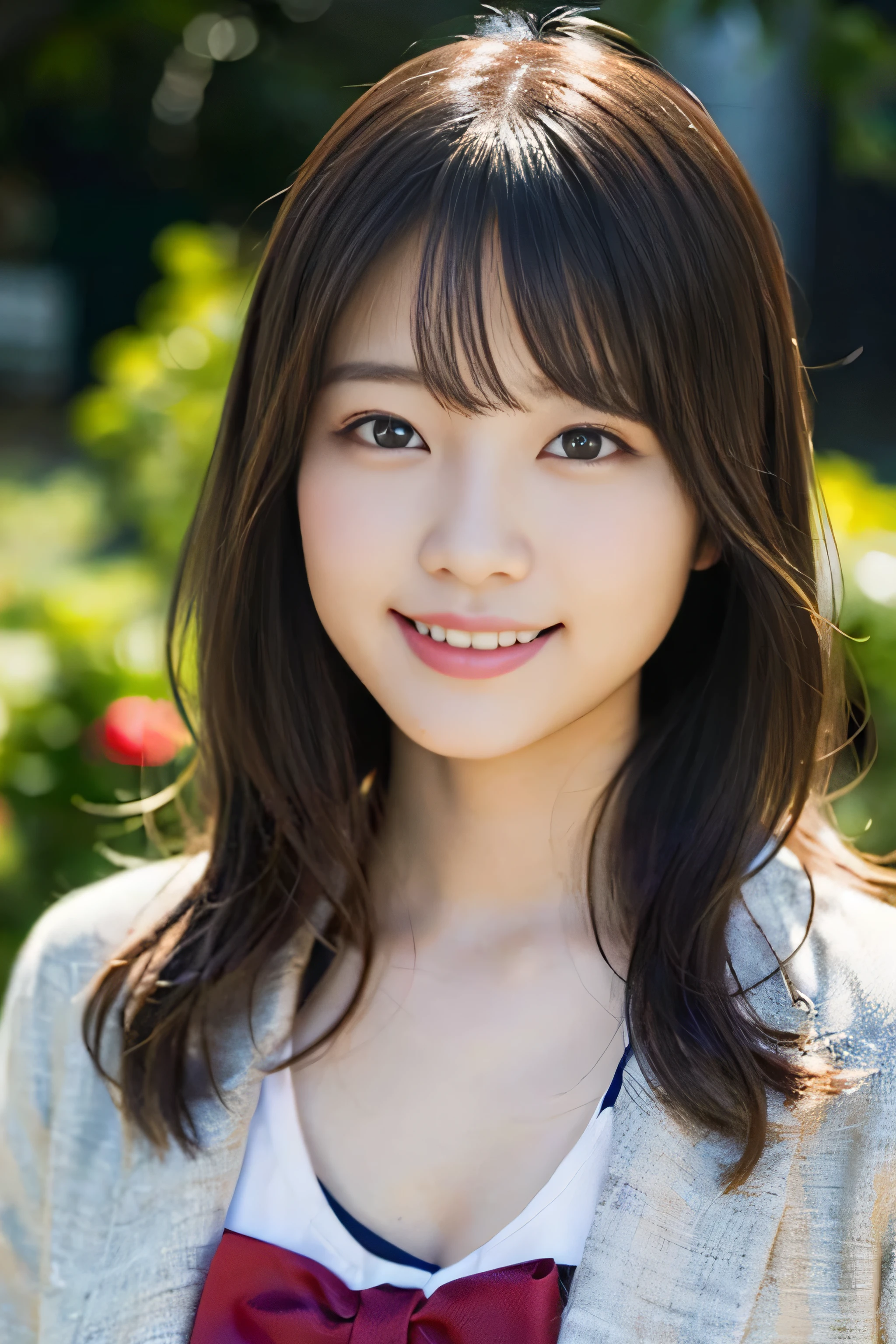(8k、RAW photo、highest quality、masterpiece:1.2)、(realistic、Photoreal:1.37)、Super detailed、超A high resolution、1 girl、see the beholder、beautiful and detailed face、laughter、narrow、(slim waist) :1.3)、Fine and beautiful skin、skin texture、floating hair、professional lighting、as a whole human body、long hair、blonde、Japanese high school uniform、sailor suit、admission fees、、bob hair、E cup、smile、16 years old、red ribbon、baby face、Young Smile、no makeup、moisturizing lips、Pale pink lip、nostalgic countryside