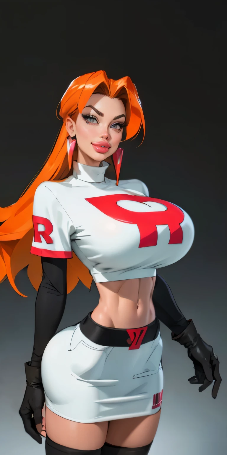 (best quality,4k,8k,highres,masterpiece:1.2),ultra-detailed),HDR,UHD,1girl, full body of beautiful jessie, white turtleneck, looking at viewer, volumetric lighting, best quality, masterpiece, realistic , (gigantic breasts), 1girl, face portrait of cassidy evil smile, team rocket,volumetric lighting, best quality, masterpiece, retro artstyle, ((cassidy)),(orange hair), (gigantic breasts), ((orange hair)), ((team rocket uniform)), short white skirt,midriff, ((long black boots)), pantyhose, navel, long hair, ((black opera gloves)), cowboy shot