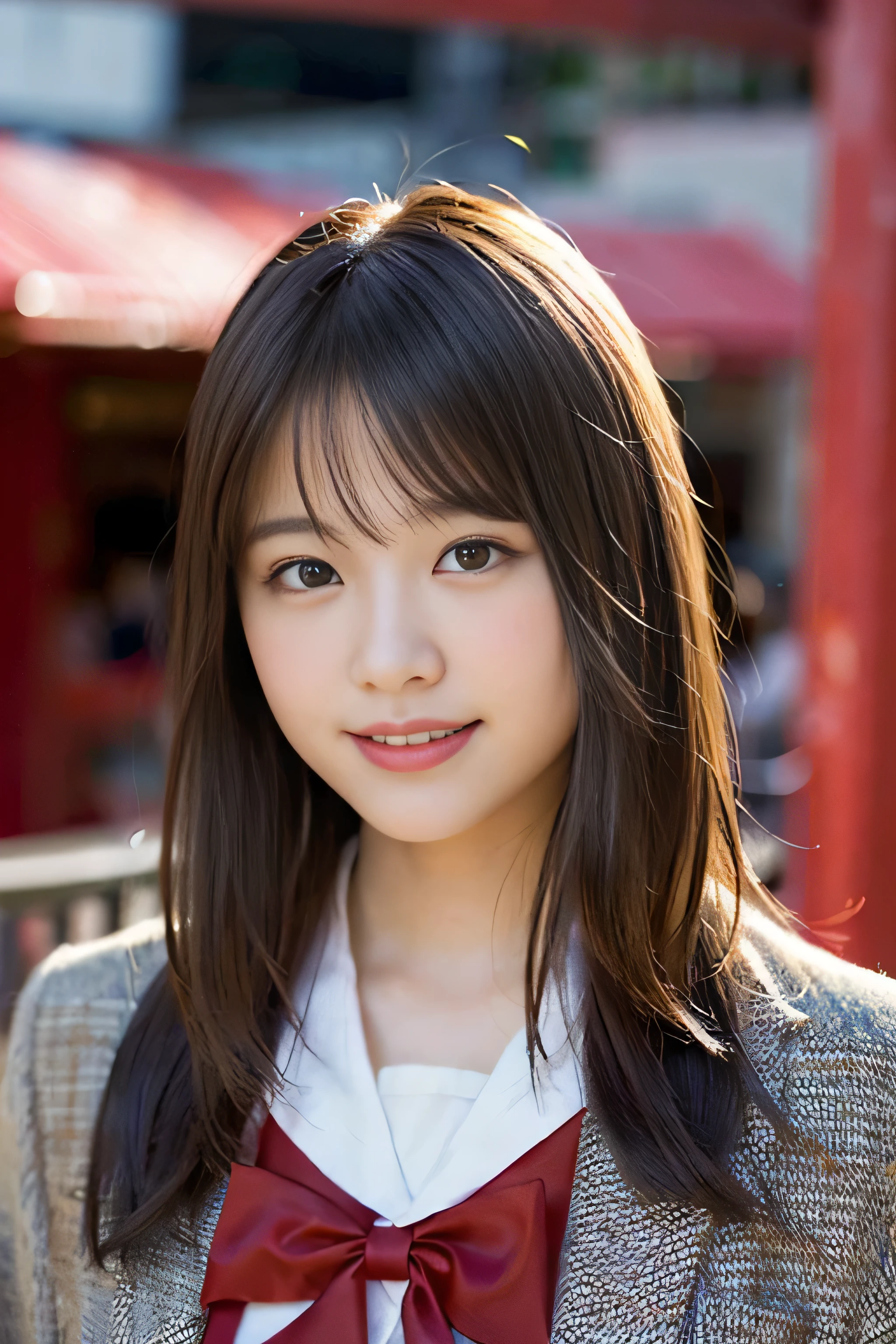 (8k、RAW photo、highest quality、masterpiece:1.2)、(realistic、Photoreal:1.37)、Super detailed、超A high resolution、1 girl、see the beholder、beautiful and detailed face、laughter、narrow、(slim waist) :1.3)、Fine and beautiful skin、skin texture、floating hair、professional lighting、as a whole human body、long hair、blonde、Japanese high school uniform、sailor suit、admission fees、、bob hair、E cup、smile、16 years old、red ribbon、baby face、Young Smile、no makeup、moisturizing lips、Pale pink lip、nostalgic countryside