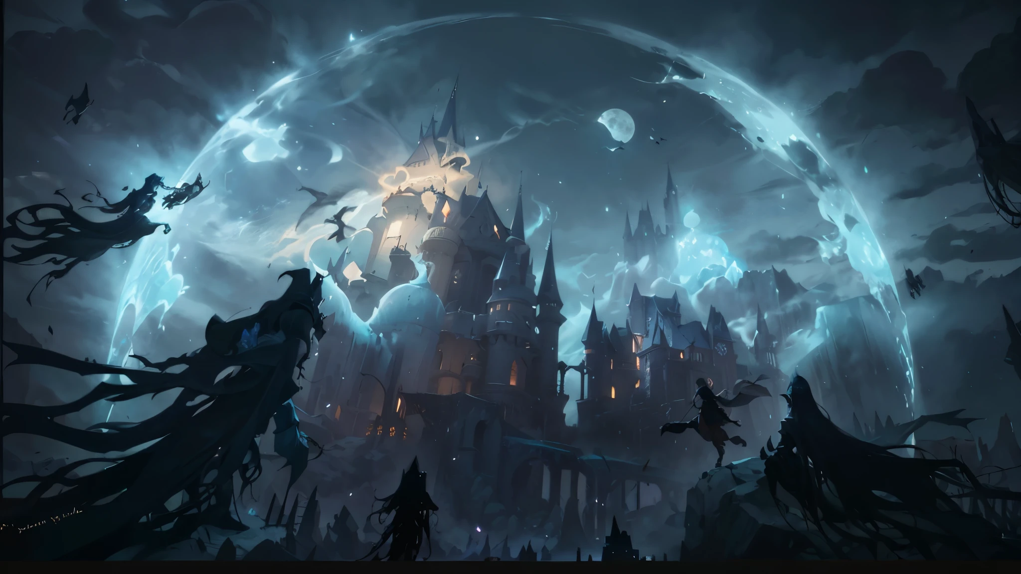 witch castle with a full moon and flying ghost in the sky, concept art stunning atmosphere, concept art magical highlight, magical concept art, an ominous fantasy illustration, blizzard concept art, blizzard game concept art, fantasyconcept art, world of warcraft concept art, magical fantasy 2 d concept art, dark fantasy concept art, hogwarts high resolution concept art,8d,Ultra-realistic