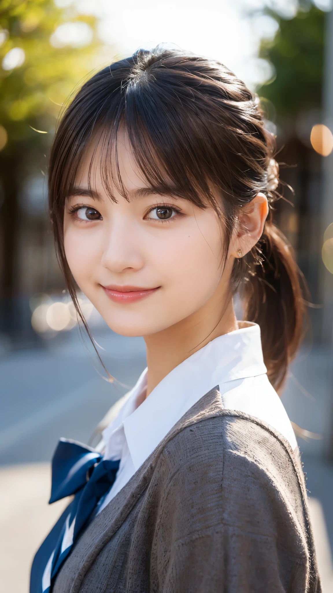 (highest quality,masterpiece:1.3,ultra high resolution),(Super detailed,caustics,8k),(photorealistic:1.4,RAW shooting),1 girl,(look at the camera with a smile),(front shot),(face forward),18-year-old,cute,Japanese,black short ponytail,school uniform,big ,bust up shot,street,(face focus),(face close up),sunshine,Natural light,(Backlight),(A bright light shines from behind),(Lens flare),professional writing,(low position:1.1),(Low - Angle:1.1)