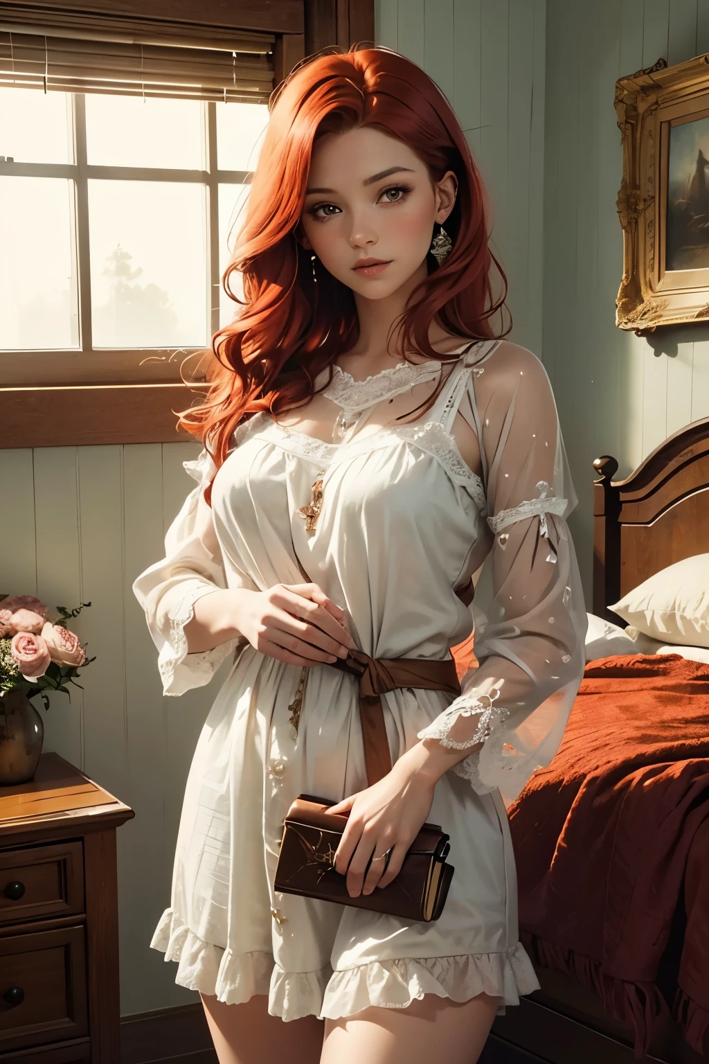 (Top Quality, 4K), Beautiful Redhead Girl – A stunning girl with rich red hair cascading down to her waist, framed by brown eyes that sparkle with emotion. She is pictured lying on a bed, her long hair spread out around her. A black baby doll is peacefully tucked next to her, adding a charming touch to the scene. The image features a high level of detail and clarity, with finely rendered textures on the girl's skin and the soft fabric of her nightgown. The vivid red hue of her hair and the delicate nuances of her features are brought to life in this beautiful and intricately detailed illustration.