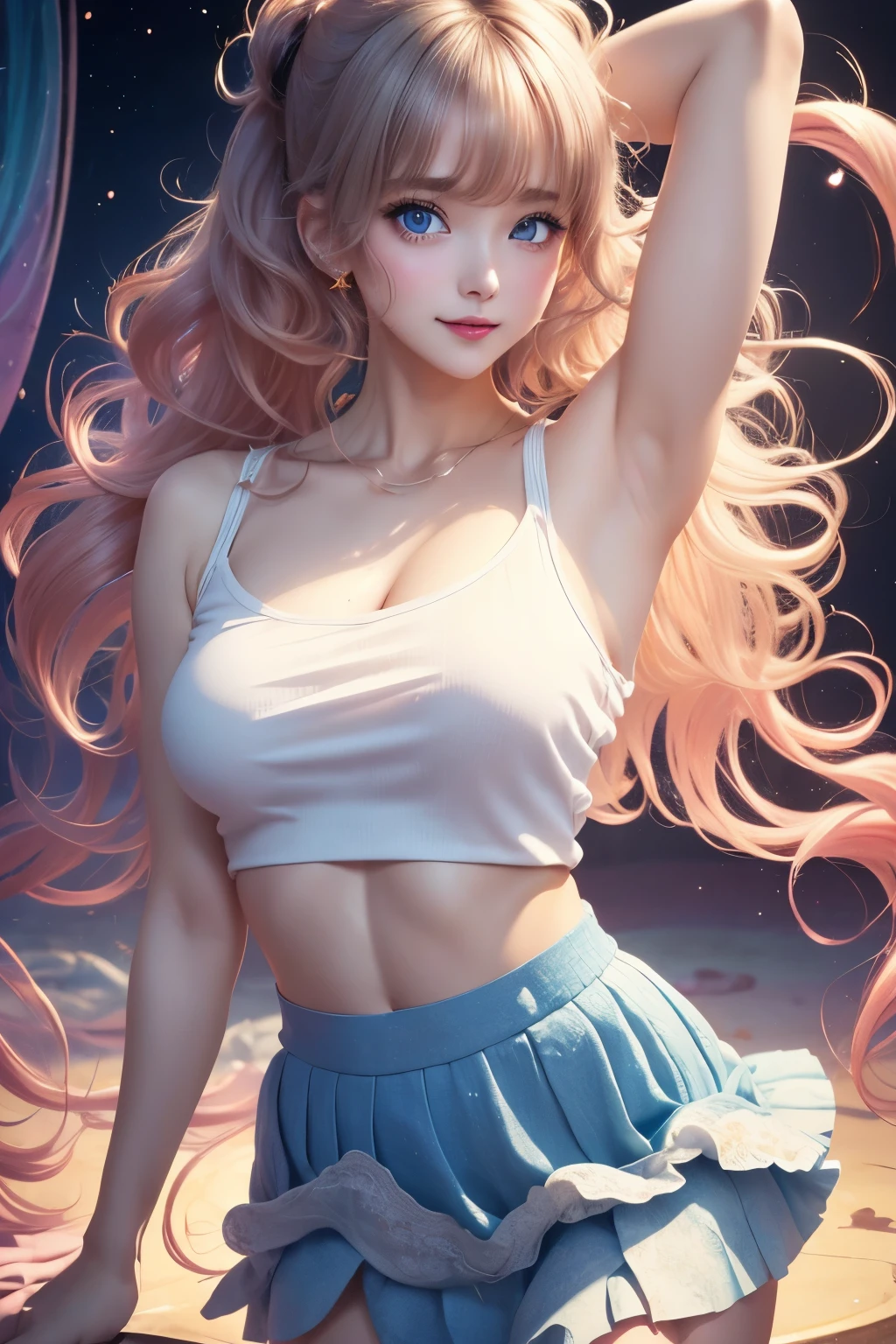 best quality, 32k, RAW photo, incredibly absurdres, extremely detailed, delicate texture, beautiful woman, wearing loose cropped t-shirt, under , flared skirt, arms behind head, two side up messy wavy hair, amorous and lewd expression, abs, superlative body proportion, background pastel color, fractal art, art design