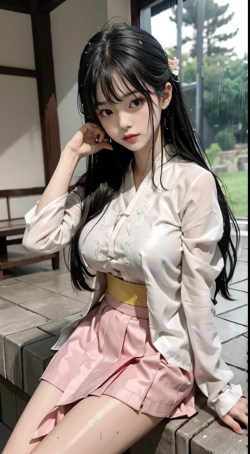 Master quality, highest quality, best picture quality, exaggerated details, a cute 8  asian  with a shy expression, slightly squinted eyes, adjusting her hair, long eyelashes (long hair / very, very exaggerated big breasts _ tits / in hanfu chinese very wet  body,  thin cloth embossed pattern, short skirt), posing sit in front of the camera, wet throught rain, very wet  body,  thin cloth embossed pattern, bra pink