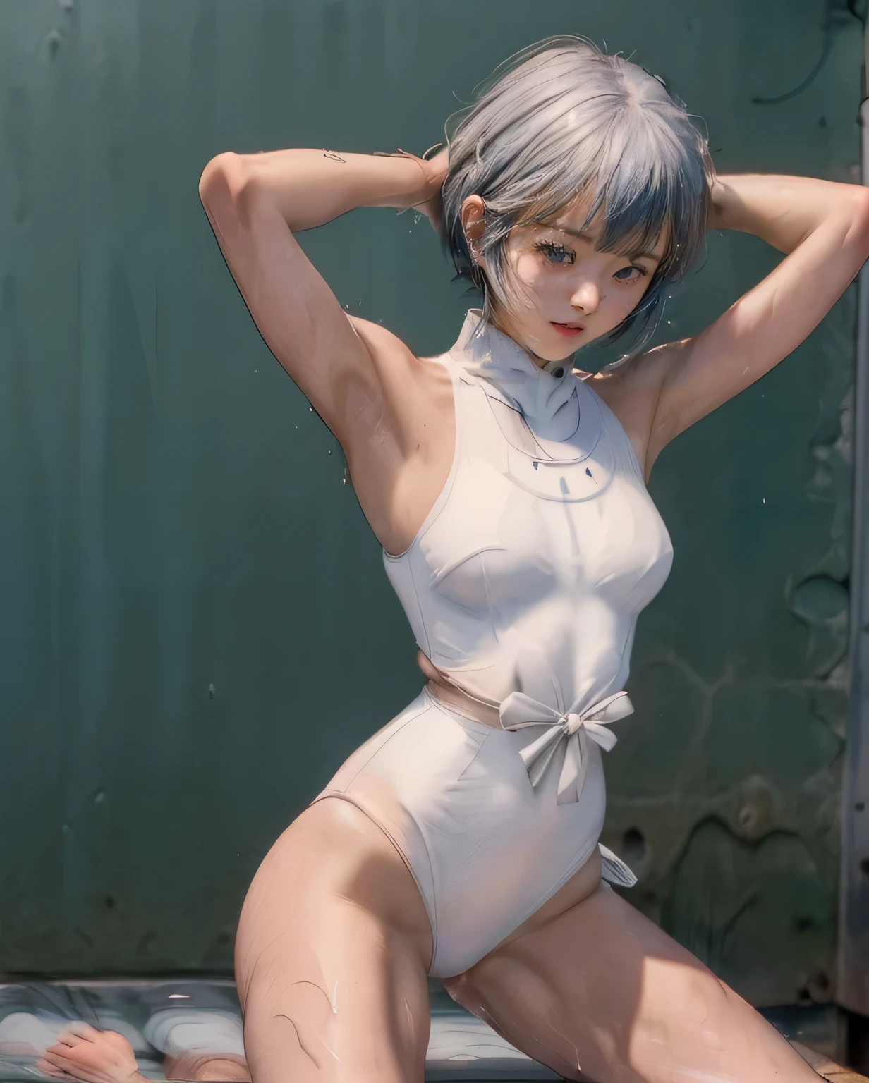 (綾波レイがCowgirlで性交する:1.9), ((realistic, highest quality, High resolution, real women pictures:1.2)), (((16 year old high school girl wearing a white school swimsuit:1.7)), (white high neck school swimsuit:1.4), (slender body shape:1.9), Cowgirlで性交する, ((anatomically correct:1.2)), (She is wearing a white school swimsuit whose fabric is too thin..:1.2), (膣に陰茎を挿入してCowgirlポーズ:1.6), curved body, 大きく股を開いてCowgirl, (A high neck swimsuit that gets too wet and sticks to your skin), Light white one-piece swimsuit, Detailed depiction of the vagina, beautiful thighs, penis thrusts up vagina, nose too small, thin waist, 16 year old beautiful girl has sex with her clothes on, saddle, Cowgirl, tears, Girl Straddling Man, (normal limb:1.3), Too cute small face, sensitive nipples, The whole body is wet with sweat, (put your hands behind your head:1.5), Nostrils are not visible, realistic, lips slightly open, (anatomically correct:1.2), A man inserts his penis into a girl and shakes his hips, Ayanami Rei, (On campus:1.4), short-haired with bangs, 女が男とCowgirl性交する, small nipples