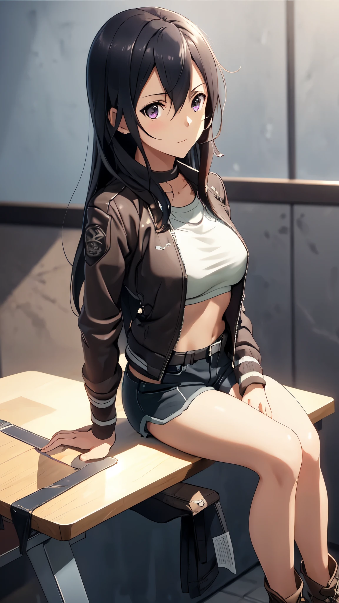 1girl, sit next to you, beautiful kirito_ggo, long hair, black hair, brown eyes, perfect proportion, large breast, seductive girl, gray sports Bra, blue Shorts,brown leather jacket , cafe background, best quality, masterpiece, intricate details, tonemapping, sharp focus, hyper detailed, trending on Artstation